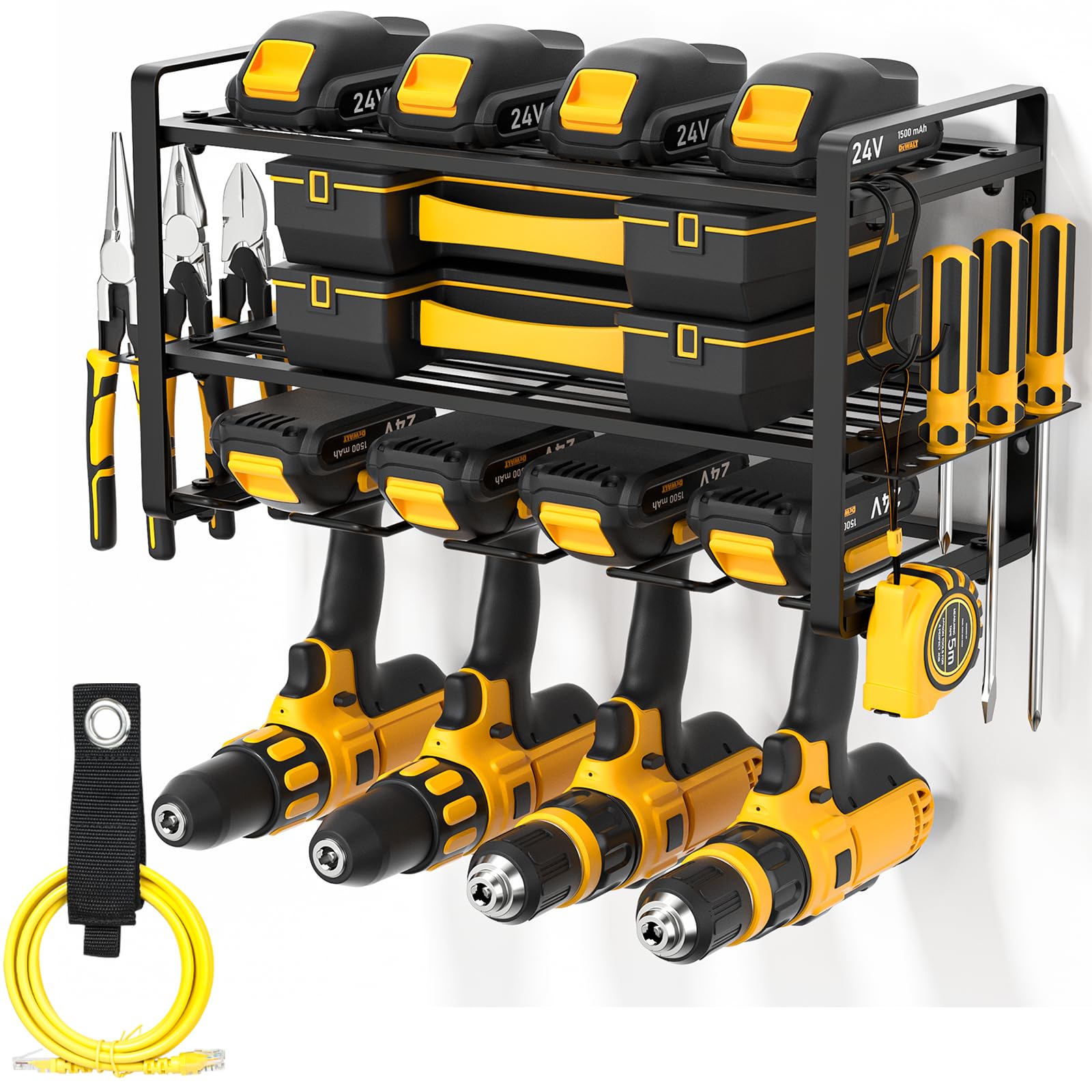 LBT Heavy Duty Wall Mount Tool Organizer Rack - 3 Tier With 7 Drill Holders, 160lb Load For Garage & Workshop