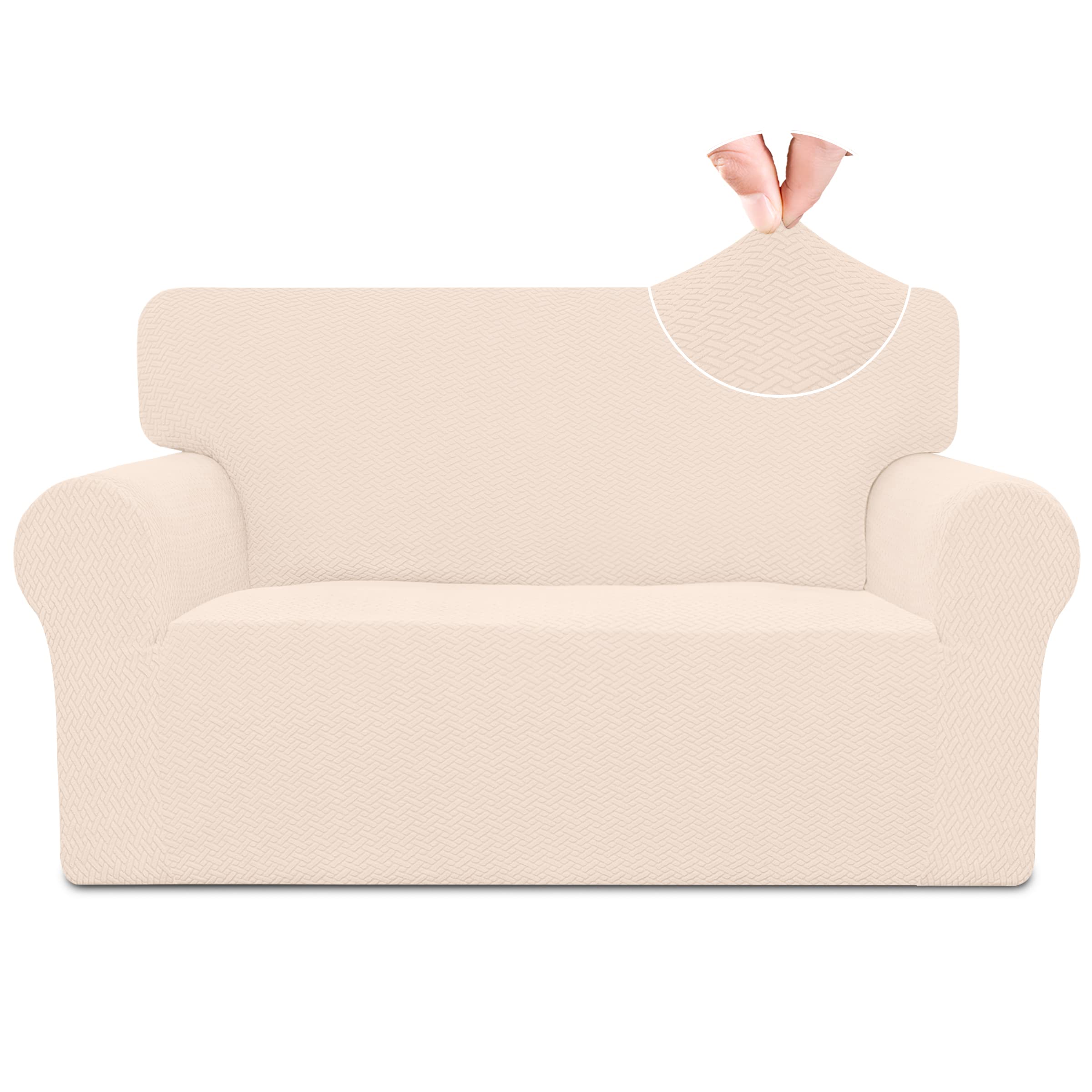 Easy-Going Stretch Jacquard Loveseat Couch Cover, 1-Piece Soft Sofa Cover, Sofa Slipcover with Anti-Slip Foams, Washable Furniture Protector for Kids, Pets (Loveseat, Beige)