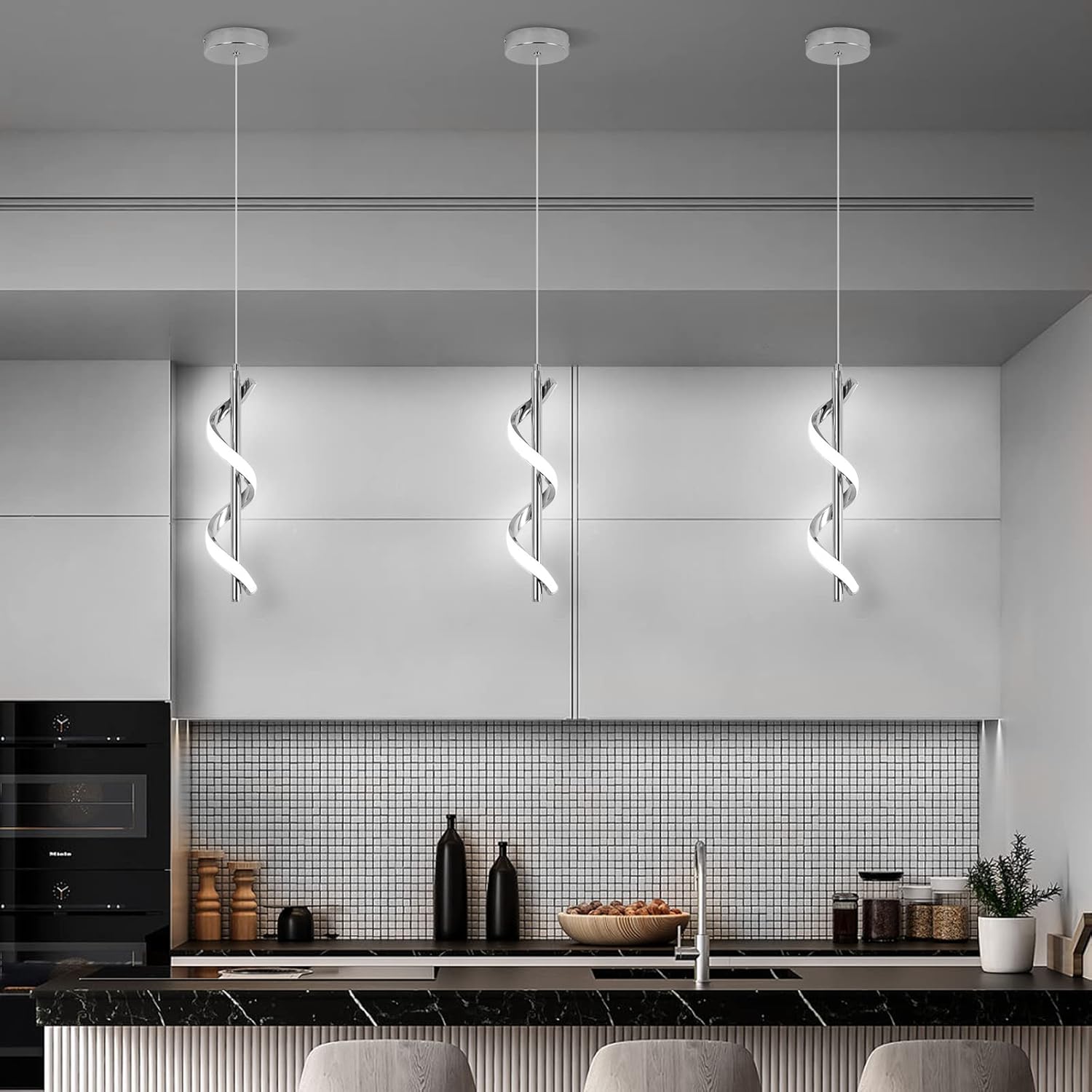 CANEOE Modern Led Pendant Light Fixture, 5500K Cool White Spiral Integrated LED Hanging Lamp, Adjustable Height Island Light Fixture for Kitchen Sink Living Room Dining Room Bedroom,1 Pack
