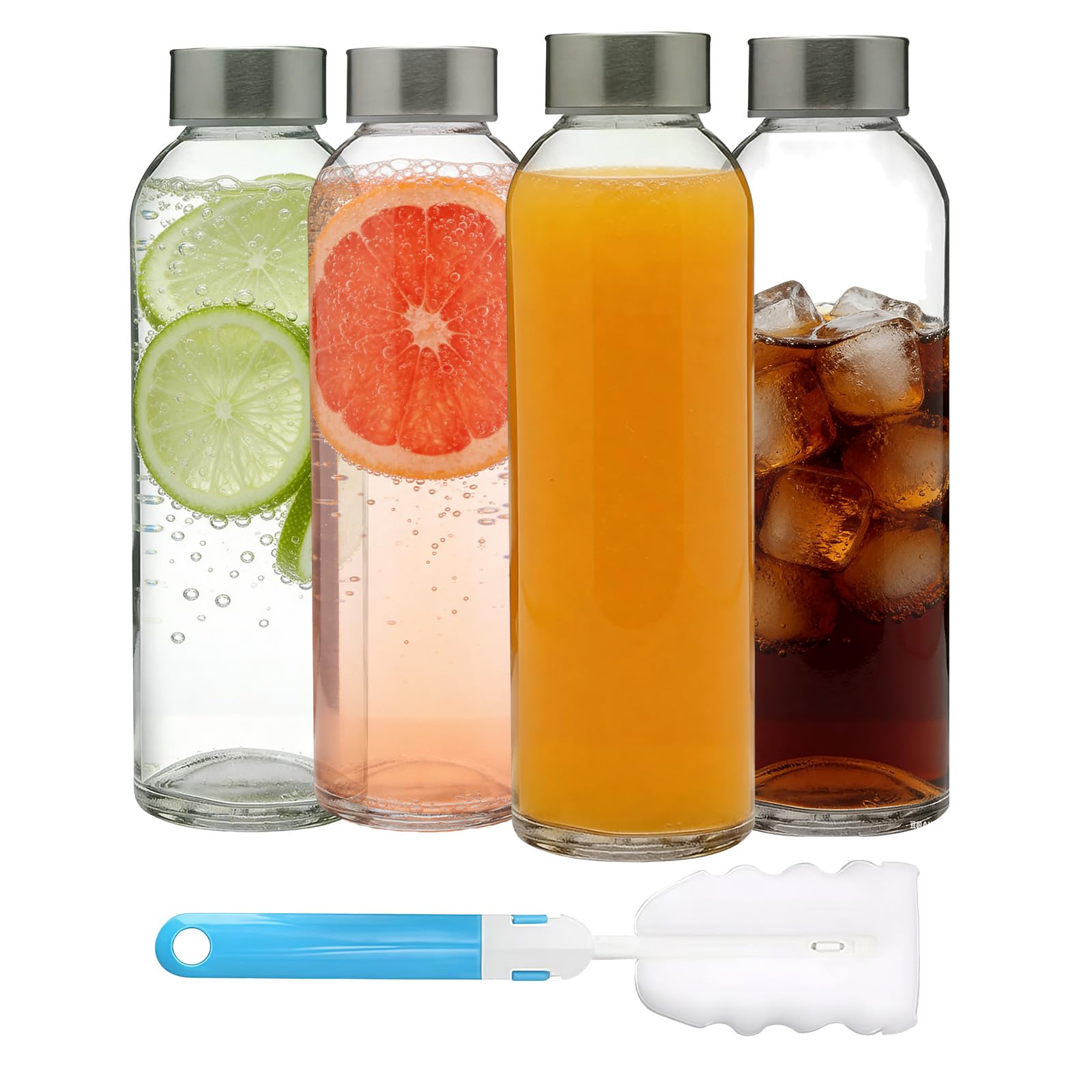 LLHONG Glass Water Bottles with Lids, Glass Juice Bottles 500ml, Leakproof Beverage Container with Stainless Steel Airtight Cap for Refrigerator, Juicing Sauce Jar Hot & Cold Drinks,with Brush (4)
