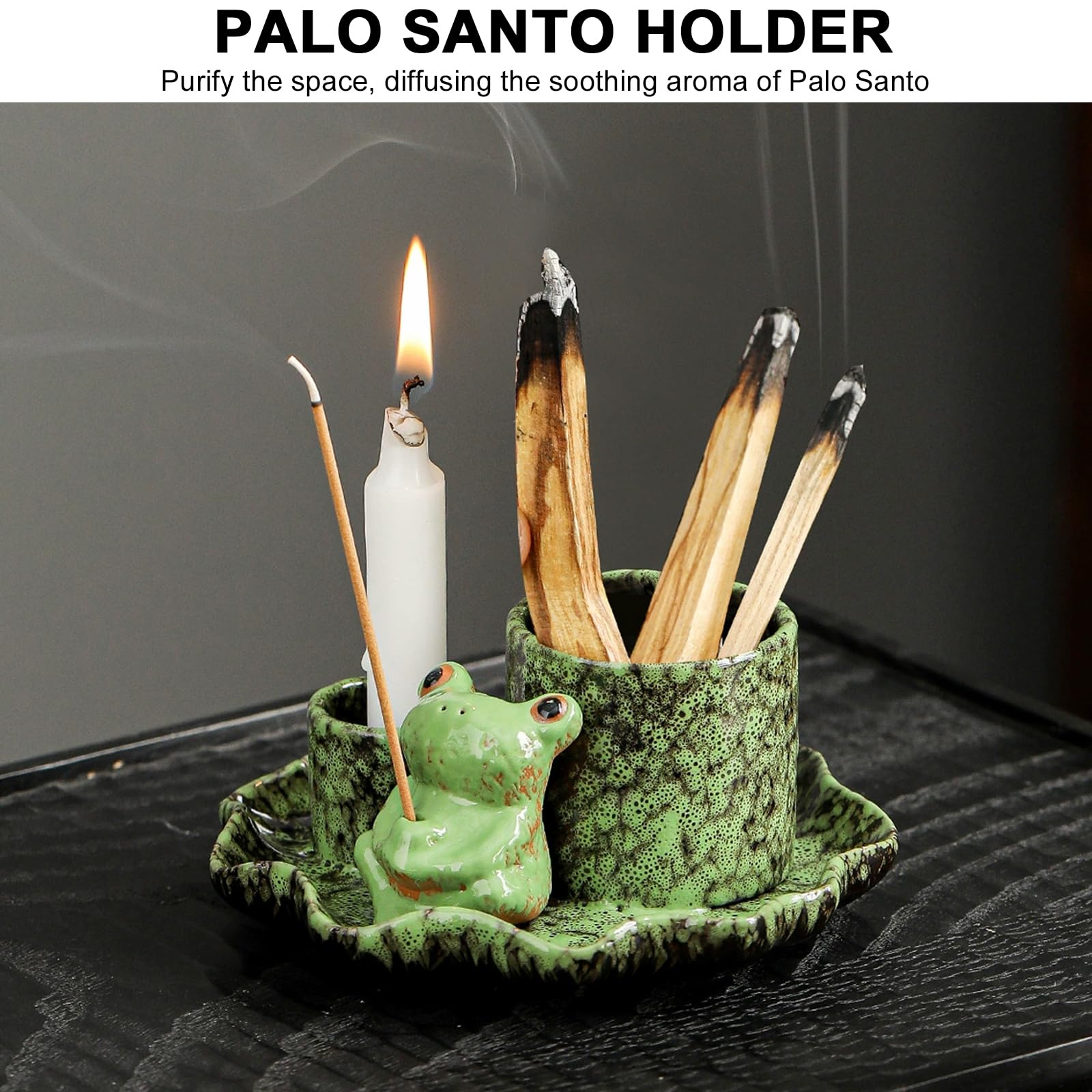 ZONSUSE Bruciatore di Incenso Rana Multifunzionale 4 in 1 con Vassoio Foglia di Loto, Porta Salvia, Palo Santo, Bastoncini e Coni in Ceramica, Decorazione Yoga & Meditazione (Rana Verde Loto)