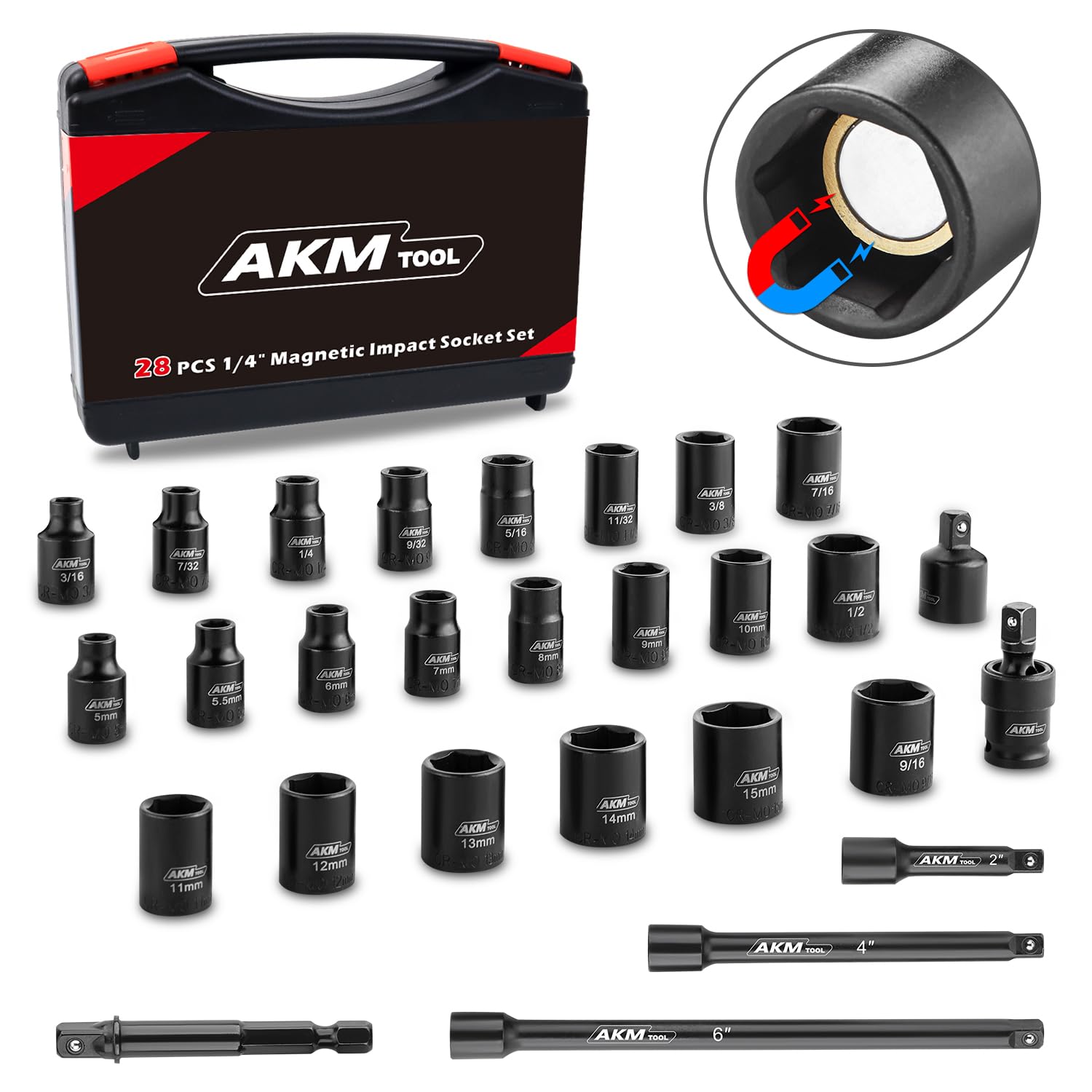 Set di chiavi a bussola magnetiche da 1/4", 28 pezzi, SAE/Metric, 1/4"-9/16", 5-15 mm, 6 punti, Cr-Mo, attacco quadrato, con adattatore per bussola, giunto universale ed estensione