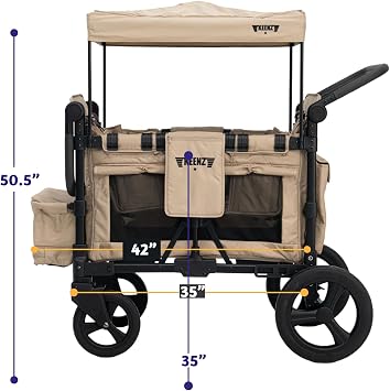 Keenz MOOV 2-Passenger All-Terrain Stroller Wagon with Reclining Seats, Cooler Bin, Push/Pull Handle, and Rubber Wheels – Foldable Wagon for Kids and Toddlers, Mocha