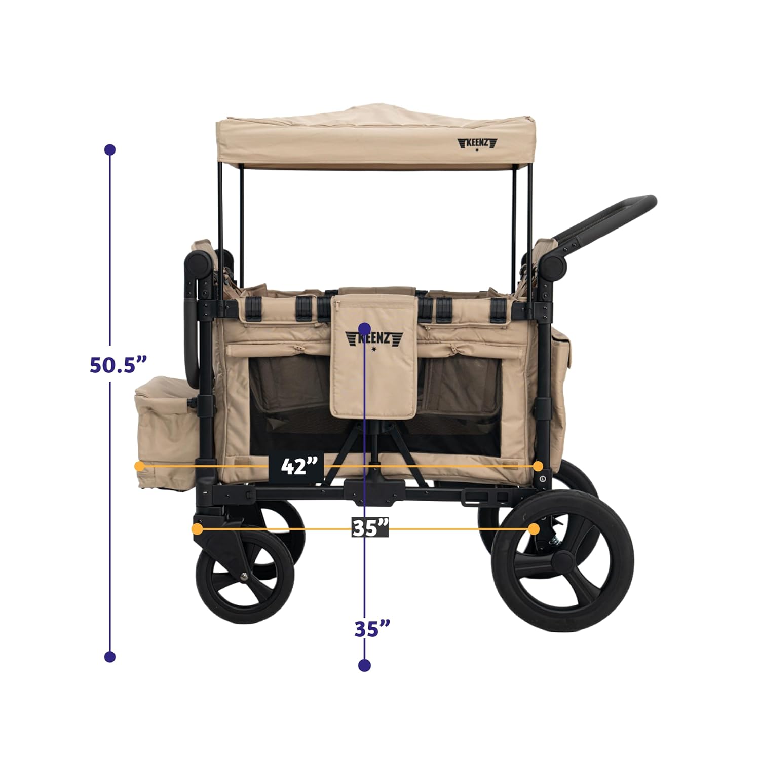 Close-up image of the all-terrain rubber wheels of the Keenz MOOV Stroller Wagon, designed for various surfaces.