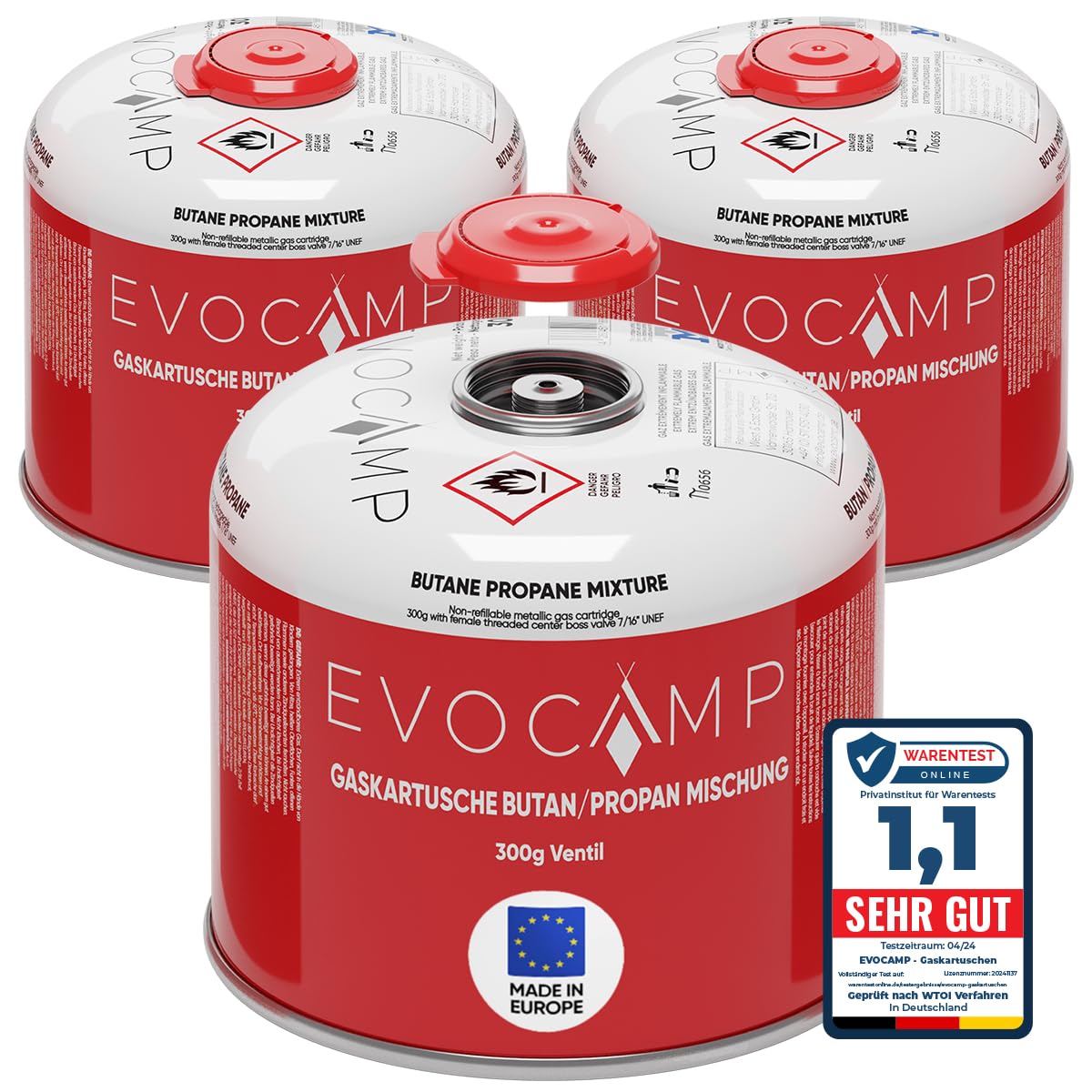 EVOCAMP 3x Propan Butan Gaskartuschen 300g, Schraubventil Eurogewinde 7/16", Ventilkartuschen 539ml mit Sicherheits-Verschlussautomatik, Gaskartuschen einsetzbar für Weber Grills Q100/1200-Serien