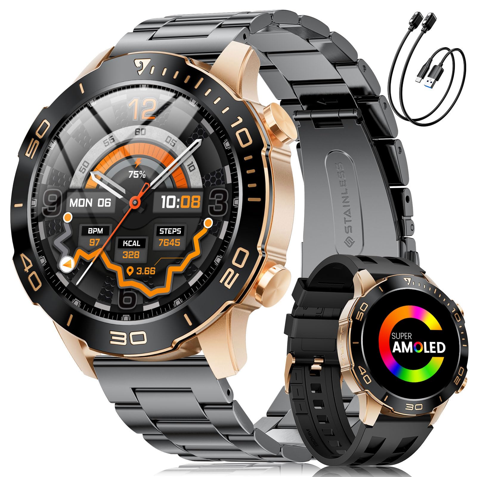 LIGE Montre Connectée Homme. 1.43" HD 800mAh Compatible Android/iOS | Écran HD AMOLED, Batterie Haute Capacité, 170+ Sports, étanchéité IP68, Appels Bluetooth, Santé 24/7, 2 bracelets