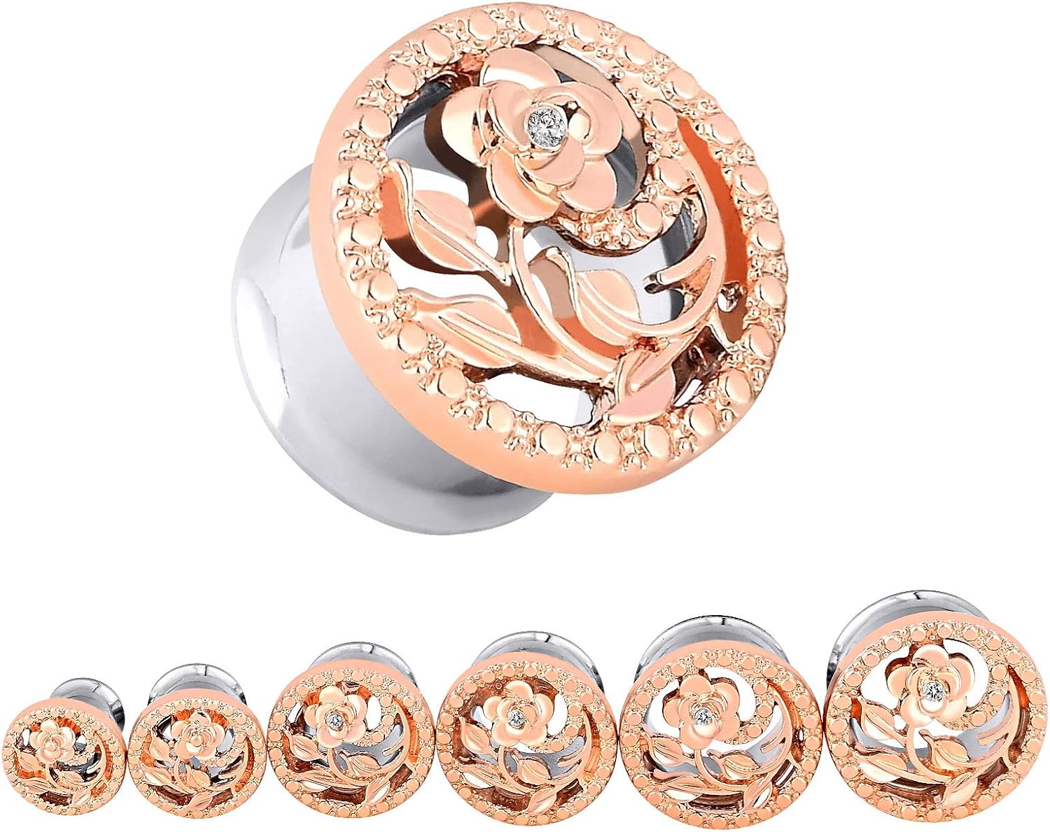 Stuppendux Stainless Steel Diamond Rose Double Flared Flesh Ear Tunnels Plugs Stretcher Expander Kit Gauge 2g-5/8