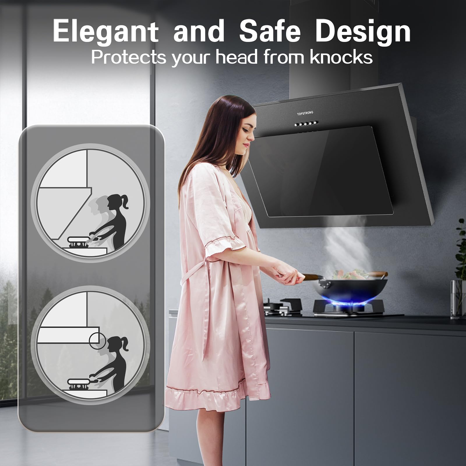 TopStrong Hottes Aspirantes 60cm, Class A++ Hotte Cuisine inclinée Silencieuse, 350m³/h Hotte aspirante Evacuation ou Recyclage, Filtres Charbon Inclus, 3 Vitesses Hotte, LED Eclairage, 56 dB, Noire