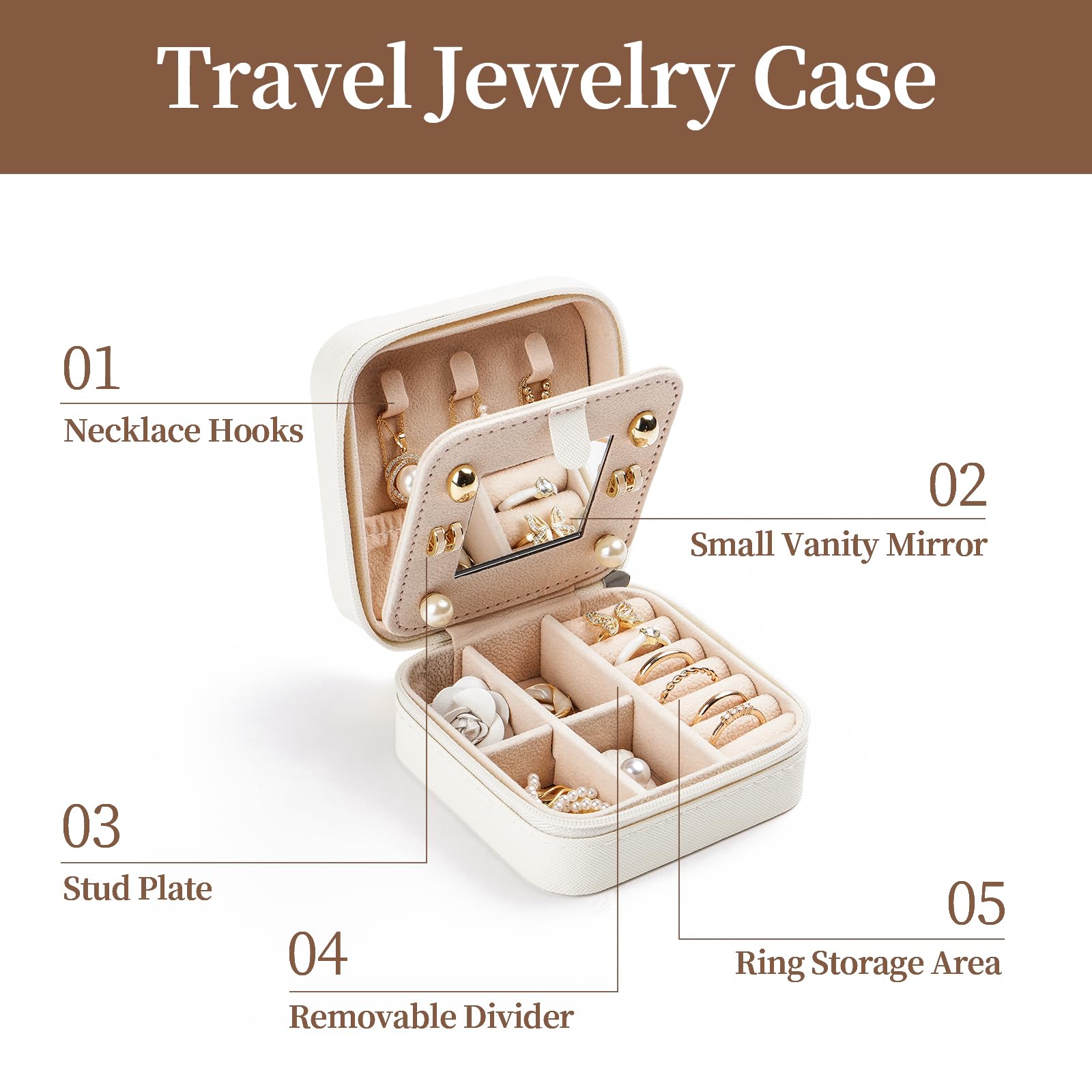 CASEGRACE Travel Jewelry Case, Small Jewelry Box with Mirror Design Portable Jewelry Travel Organizer Display Storage Case for Rings Earring Necklace Bracelet, Gift for Women, White