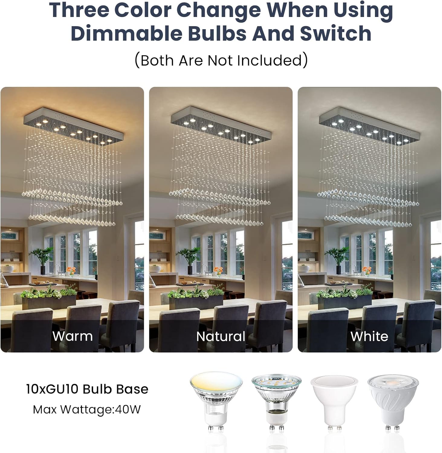 Illustration of different light color effects (Warm, Natural, White)