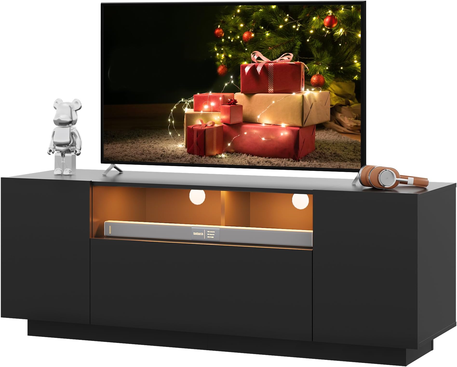WLIVE TV Stand with LED Lights & Large Storage Cabinet, Modern Entertainment Center for 32/43/50/55 Inchs TVs, Sturdy Media Console for Living Room, Bedroom,Gaming(Black)