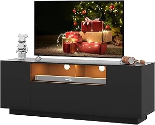 WLIVE TV Stand with LED Lights & Large Storage Cabinet, Modern Entertainment Center for 32/43/50/55 Inchs TVs, Sturdy Media Console for Living Room, Bedroom,Gaming(Black)