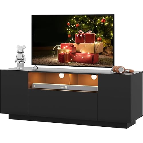 WLIVE TV Stand with LED Lights & Large Storage Cabinet, Modern Entertainment Center for 32/43/50/55 Inchs TVs, Sturdy Media Console for Living Room, Bedroom,Gaming(Black)
