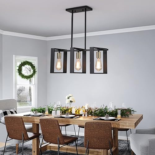 Miniatura 8 de 9MMML Iluminación de isla de cocina de 3 luces, moderna lámpara colgante lineal rectangular, marco negro + candelabro dorado para comedor y sala de