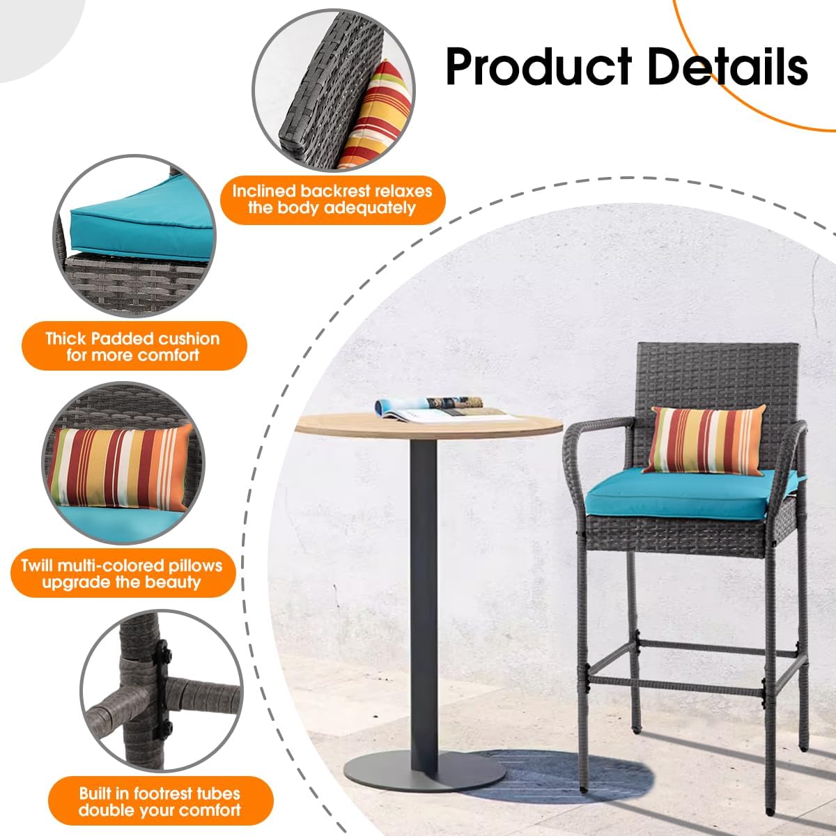 Sundale Outdoor Wicker Bar Stool Set of 6, Patio Counter Height Pub Chair with Arms, High Top Rattan Barstool, Cushion Blue, All-Weather Outdoor Rattan Furniture - Steel, Grey