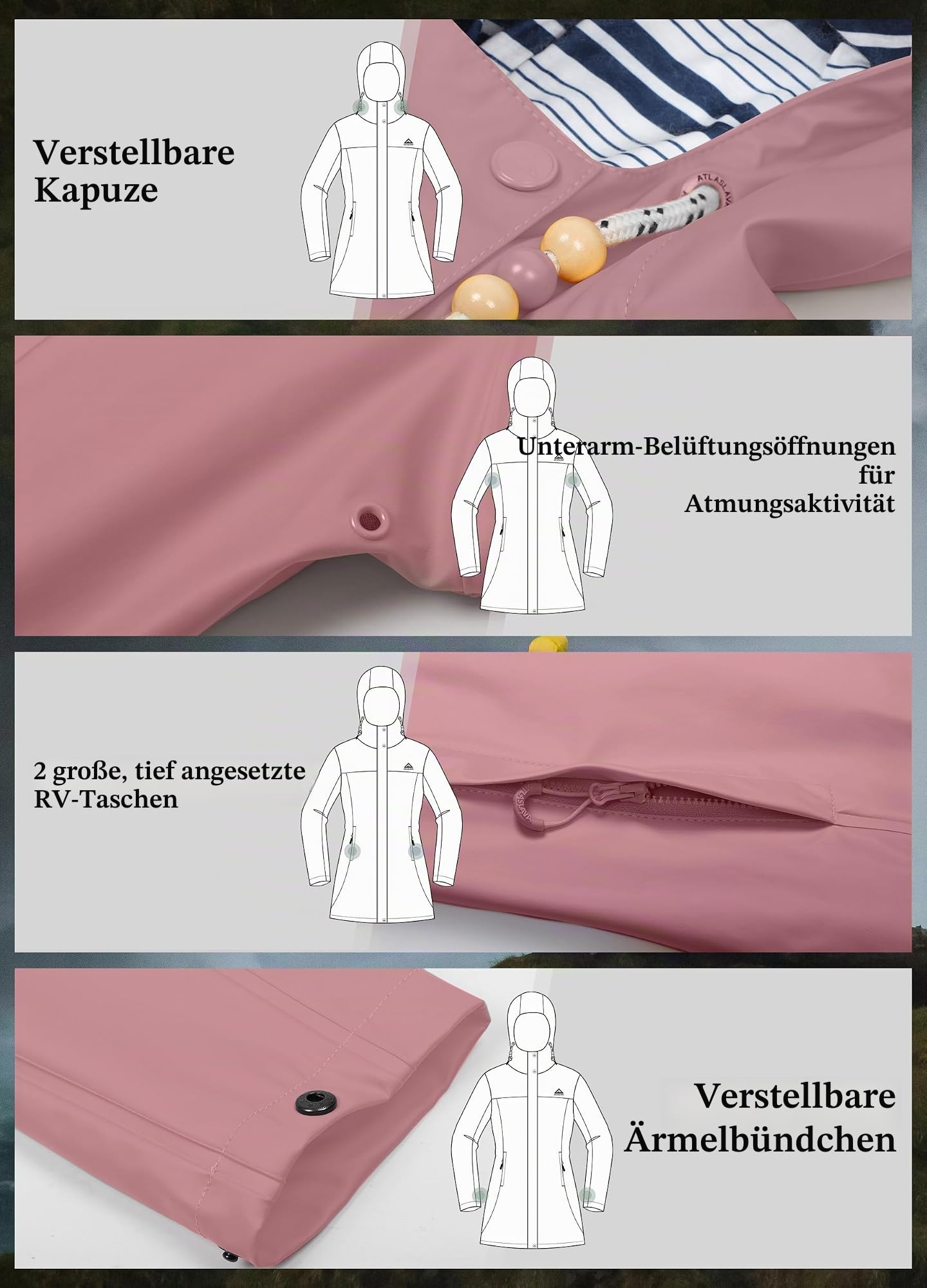 Regenmantel Damen Übergangsjacke PU Wasserdicht Frauen Regenjacke Lang Parka Regenparka mit Kapuze Outdoor S-3XL