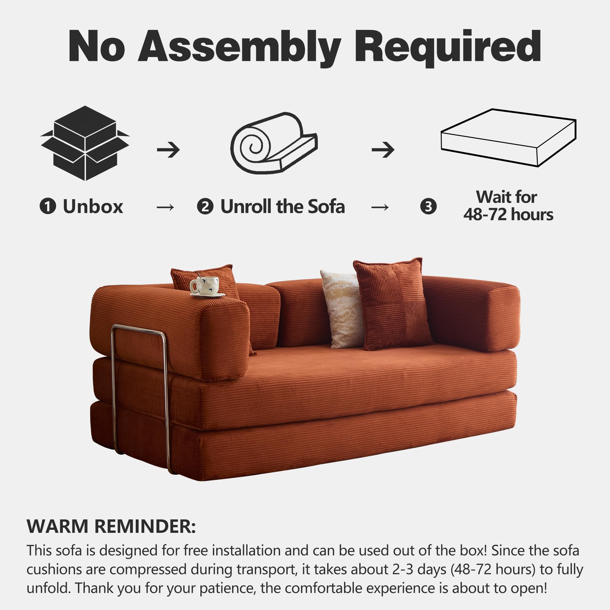 78.8" Convertible Sofa Bed - Compression Sofa with Corduroy Fabric - with Armrests and Backrest - Modular Sectional for Living Room, Bedroom, Studio - Compression Sofa in Box (Grey): 98.4IN Orange