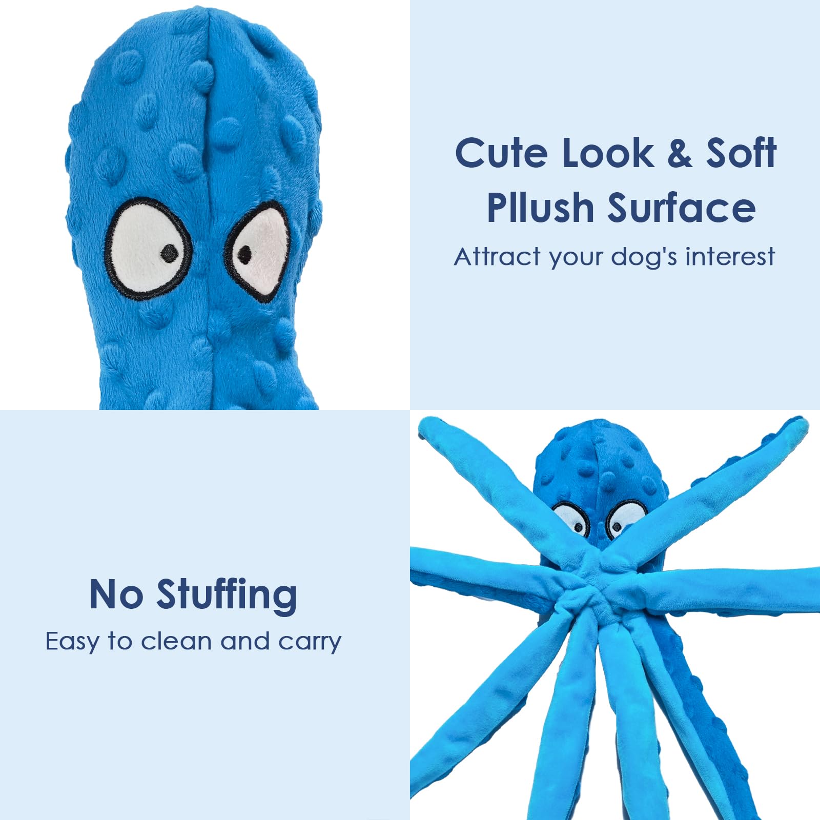 Paquete de 4 juguetes chirriantes para perros, juguetes de peluche de pulpo para masticadores agresivos, sin relleno, juguetes de peluche arrugados para dentición de cachorros, interactivos