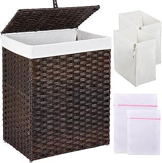 Greenstell Laundry Hamper with Lid, 90L Clothes Hamper with 2 Removable Liner Bags & 2 Mesh Laundry Bags, Handwoven Synthetic Rattan Laundry Basket for Clothes, Toys in Bathroom, Bedroom Brown