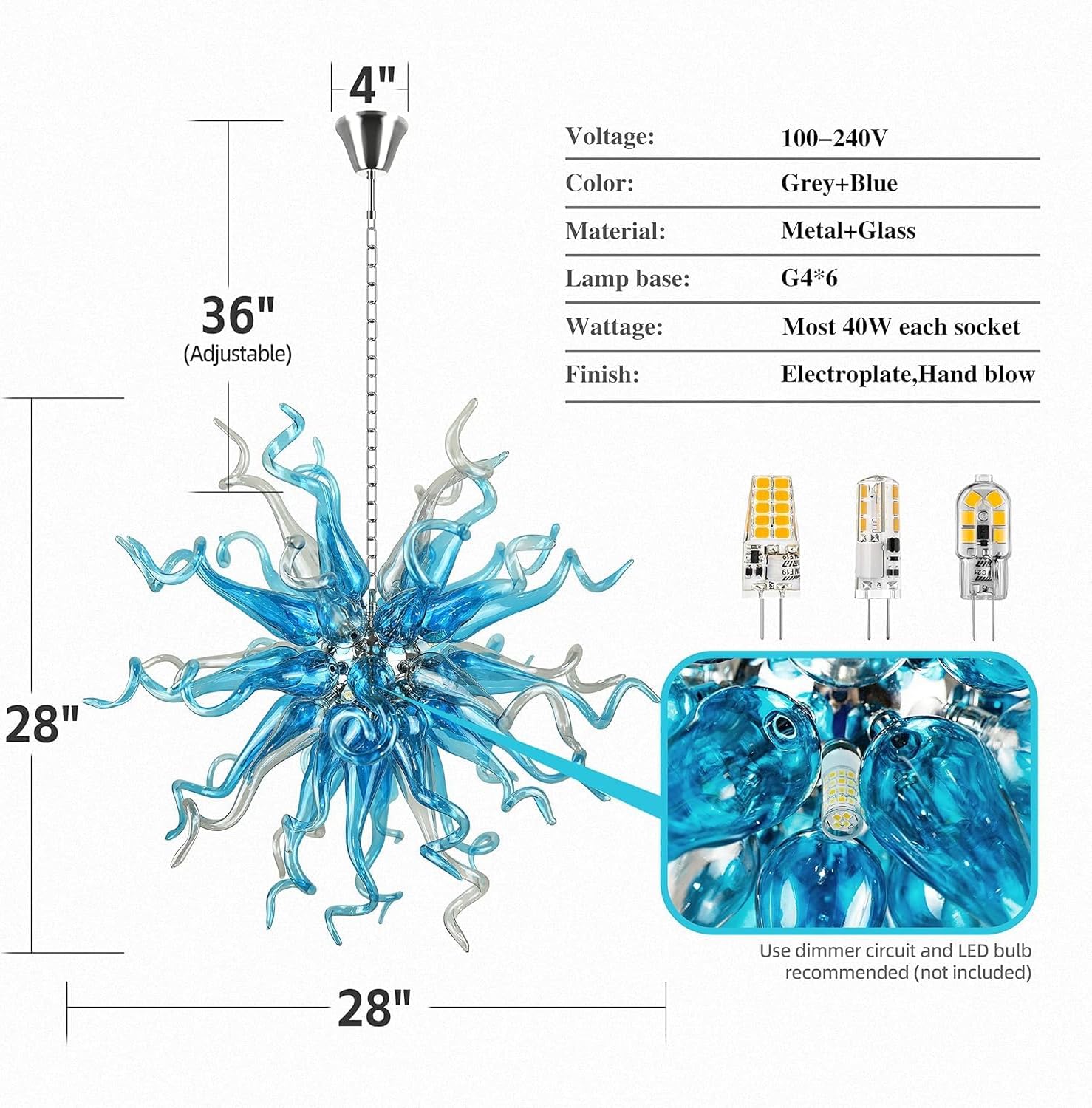 Hand Blown Glass Chandeliers 26 Inch Blue Glass Chandelier Grey Art Ceiling Lights Hanging Light Fixtures for Farmhouse Dining Room Table Foyer Entryway