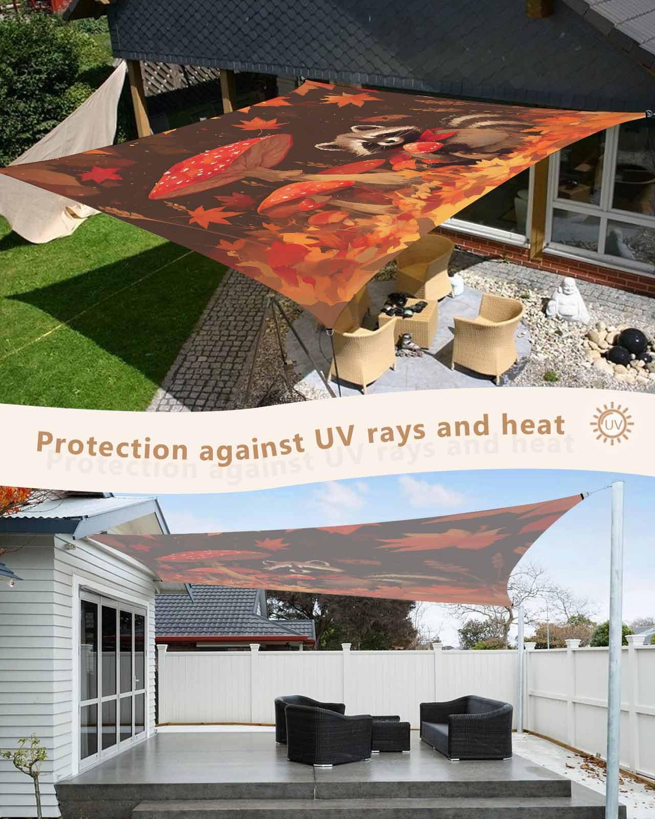 Sun Shade Sails Canopy 12'x16', Beautiful Maple Leaf Forest Mushroom Raccoon Baby UV Protection Outdoor Shade Canopy, Rust Resistant Tear Patio Sail Shade for Sunshade Outdoor Patio Backyard Garden