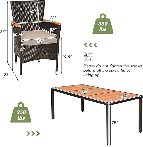 Miniatura 3 de Tangkula Juego de comedor al aire libre de 9 piezas, juego de mimbre para jardín con cojines, muebles con mesa de madera de acacia y sillas