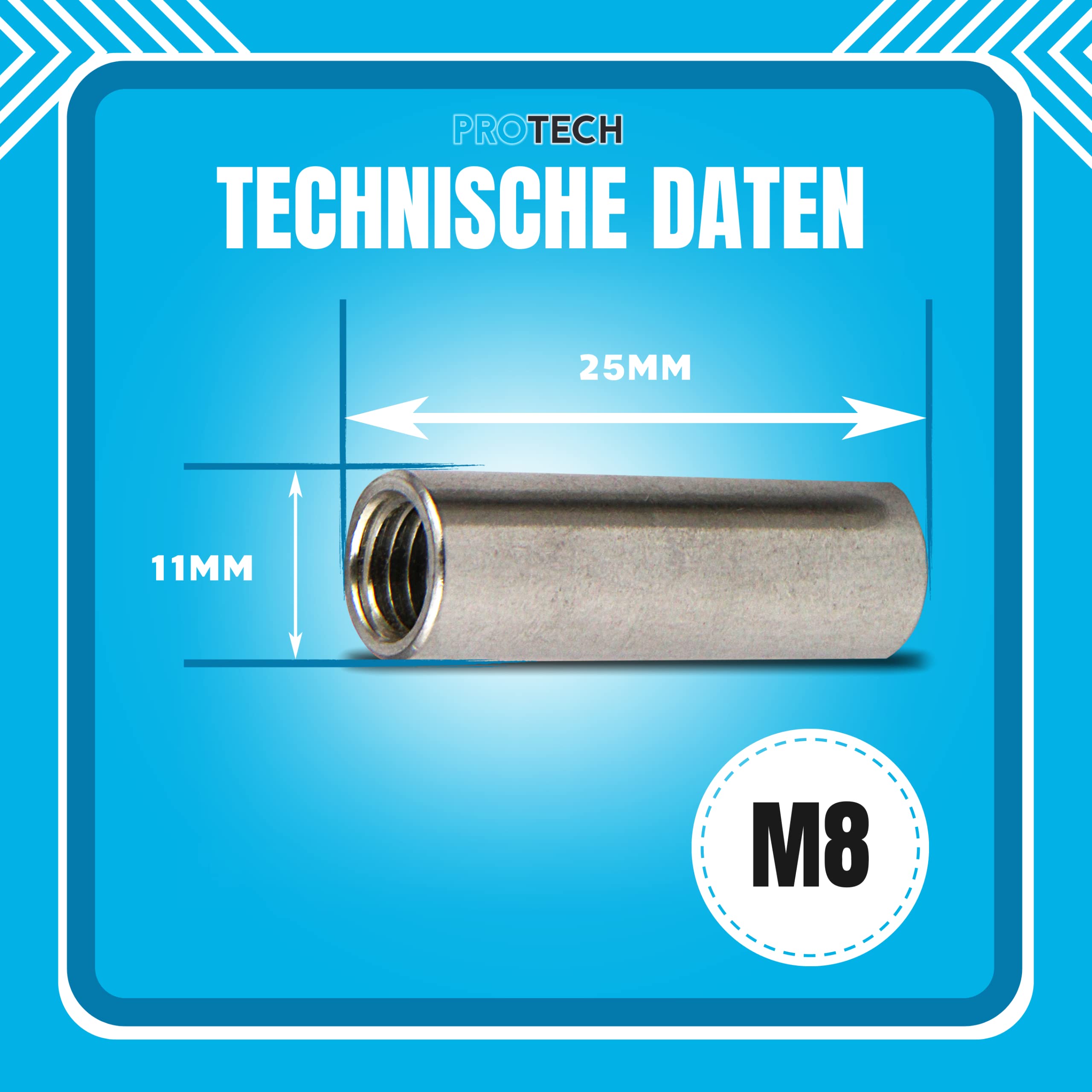 PROTECH Gewindemuffen M8 X 25 (D=11) rund, Edelstahl A2 |10 Stück 