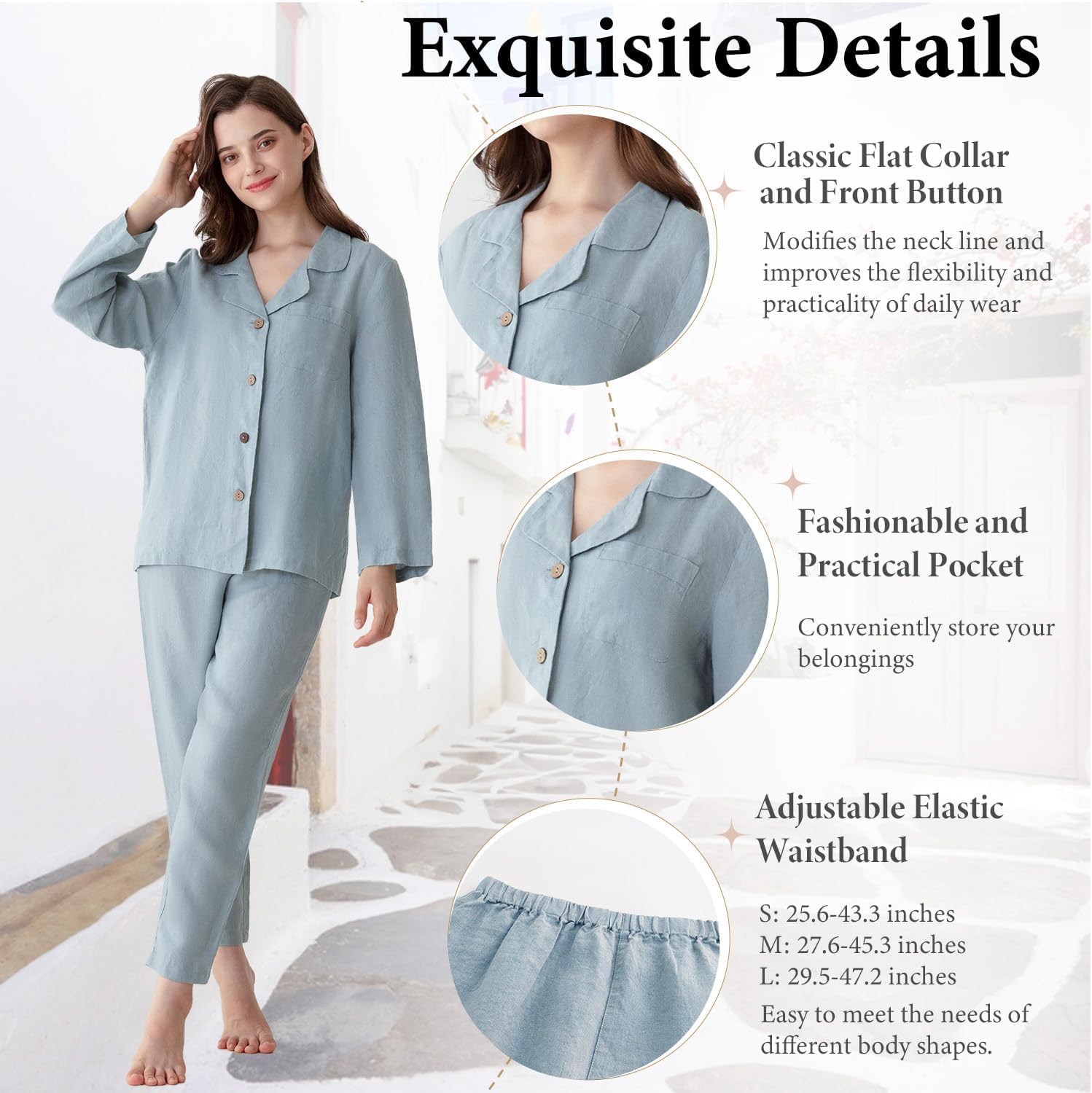 Simple&Opulence Women's 100% Linen Pajama Set Soft Shirt and Pants 2 Pieces Loungewear Slim Fit Soft and Breathable S-L - Image 5