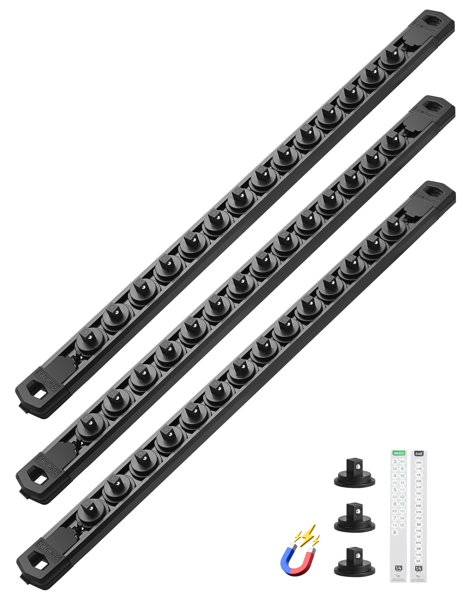 ALOANES Magnetic Socket Organizer, 1/4" Rail 42 Clips (Black, 3PC)