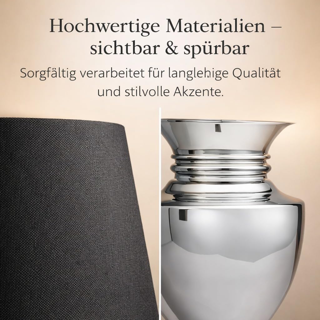 Tischlampe mit Schwarzem Stoffschirm & silbernem Keramikfuß – 53 cm Nachttischlampe mit Kabelschalter – Platzsparende Tischleuchte für Schlafzimmer, Wohnzimmer, Büro – Dekolampe E27, Leselampe