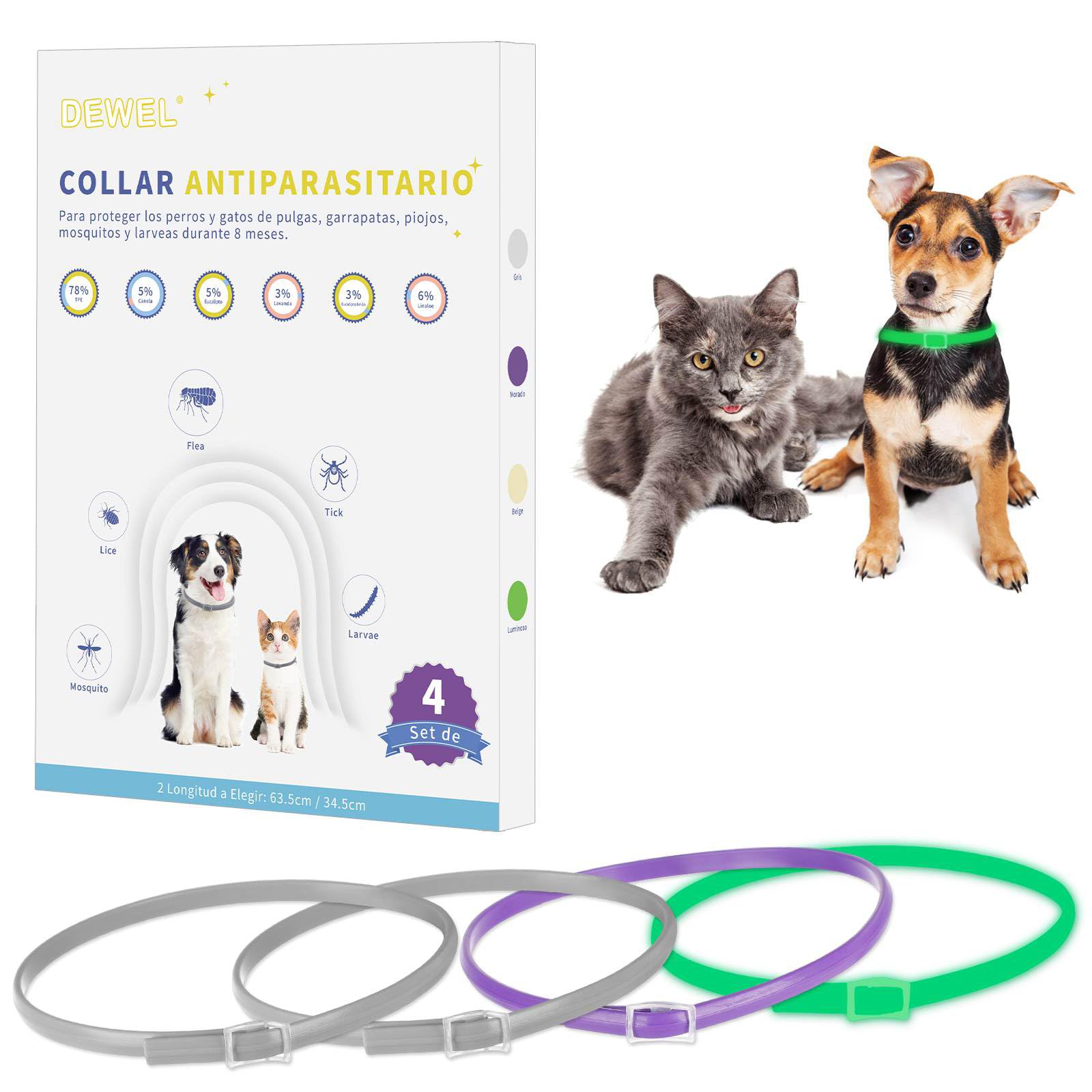 DEWEL Antiparasitic Collars, Set of 4 Flea and Tick Collar for Dogs and Cats, Flea Collars 24-32 Months Protection (3 Colours, M 34.5 cm)