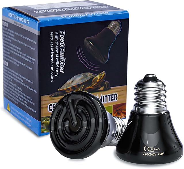 Bonlux 75W Terrarium Reptile Heat Bulb E27 Infrared Ceramic Heat Emitter Bulb 220-240V Pet Ceramic Heat Lamp Bulb for Reptiles, Lizards, Tortoise, Snake, Chicken(2-Pack, Black)