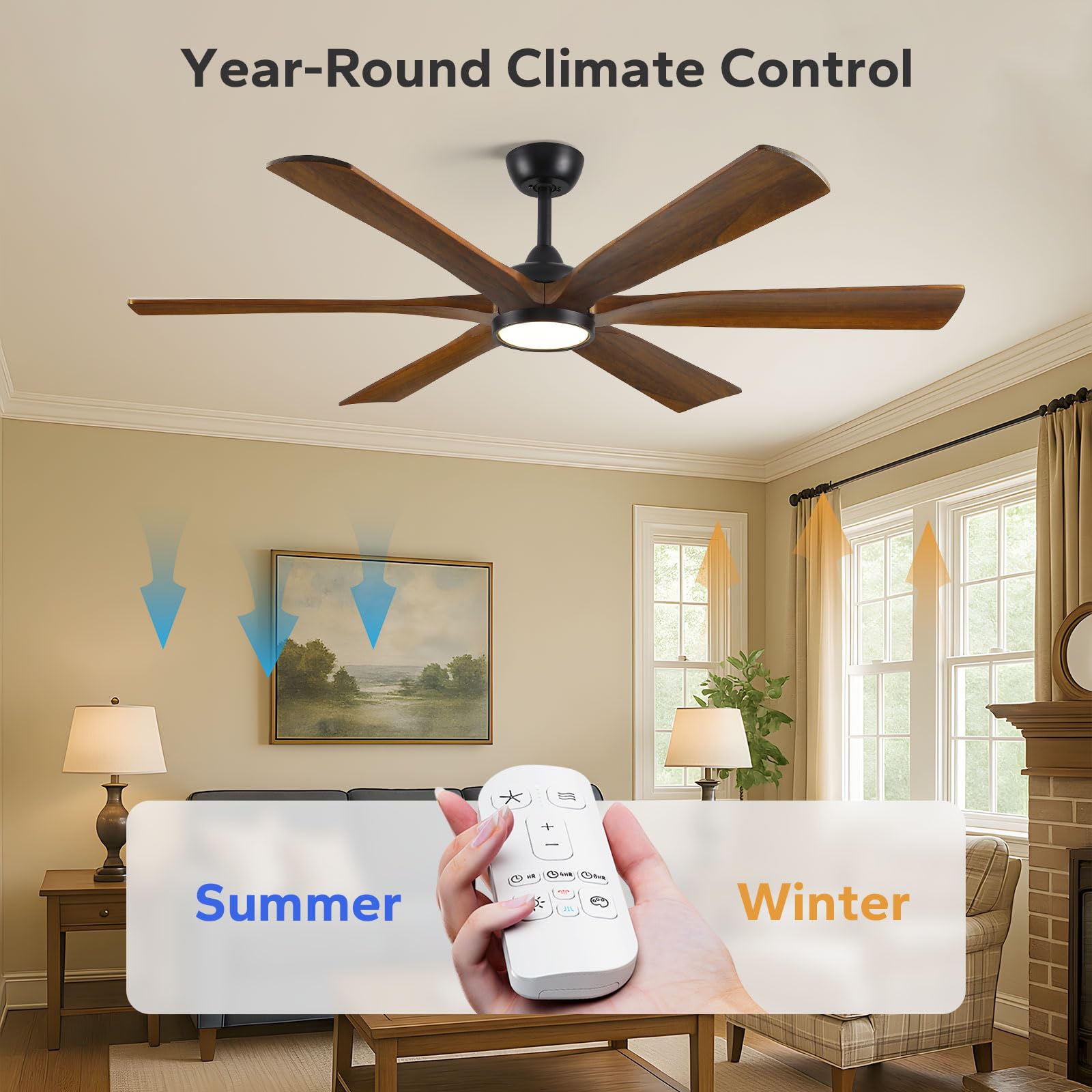 152cm-Deckenventilator mit Beleuchtung und Fernbedienung – Moderner Farmhouse-Stil, 6 braune Massivholzflügel, leistungsstarker und leiser DC-Motor mit Reversierfunktion – Für Innenräume Schlaf