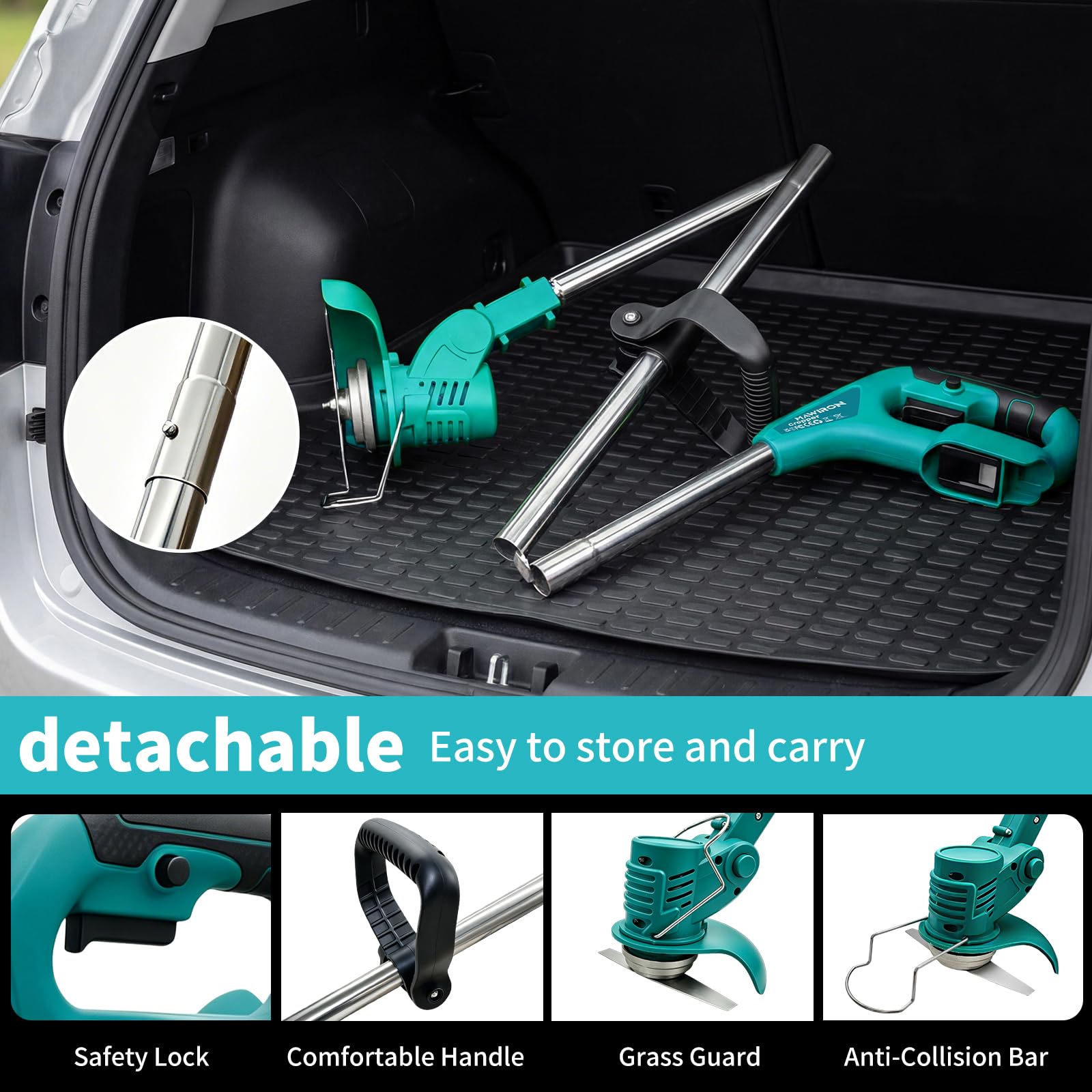 Cortacésped inalámbrico con batería, con 2 baterías de 3,0 Ah y cargador, recortadora de jardín ajustable y desmontable para jardín, césped y setos, incluye 10 cuchillos y accesorios