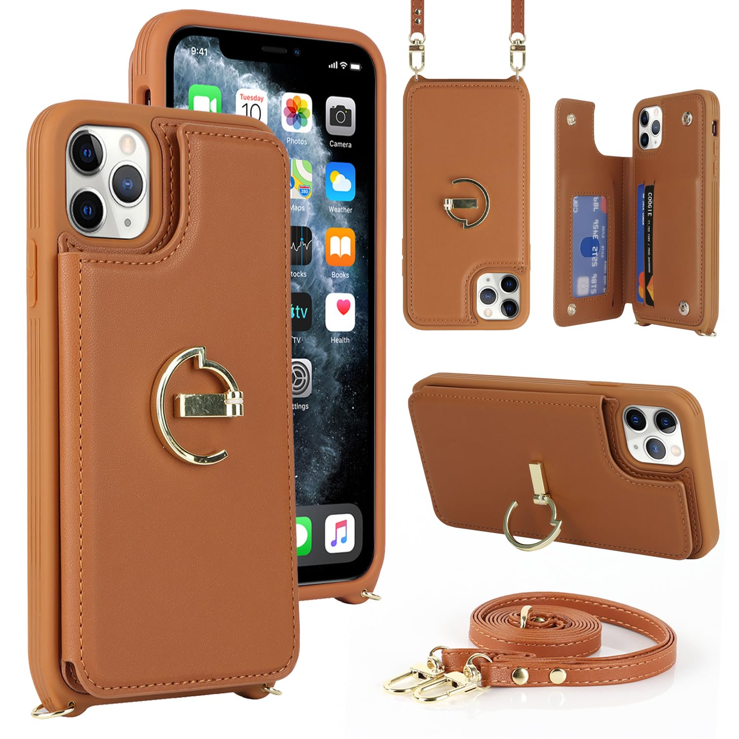 SailorTech iPhone 11 Pro Max Case With Credit Card Holder, Leather Ring Stand, Kickstand Strap, Card Slots, Wallet Crossbody - Brown - Image 2