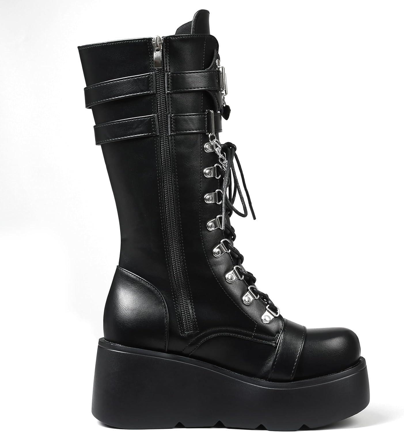 Women's Black Platform Boots Wedge Combat Gothic Chunky Heel Lace Up Mid Calf Punk Motorcycle Shoes - Image 6