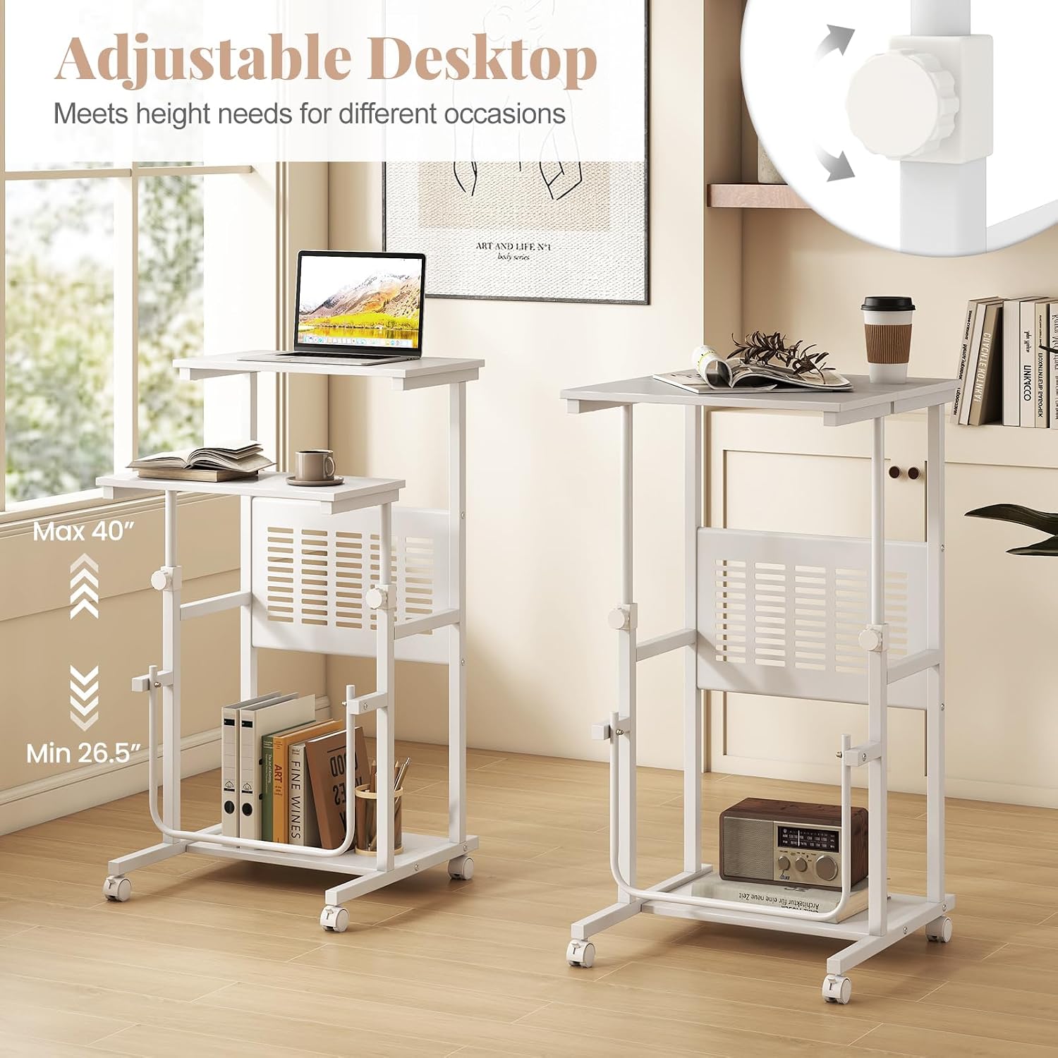 Giantex Small Standing Desk, Height Adjustable Portable Laptop Cart on Wheels with Storage Shelves & Swivel Footrest, Computer Workstation Rolling Table for School Lecture Home Office (White)