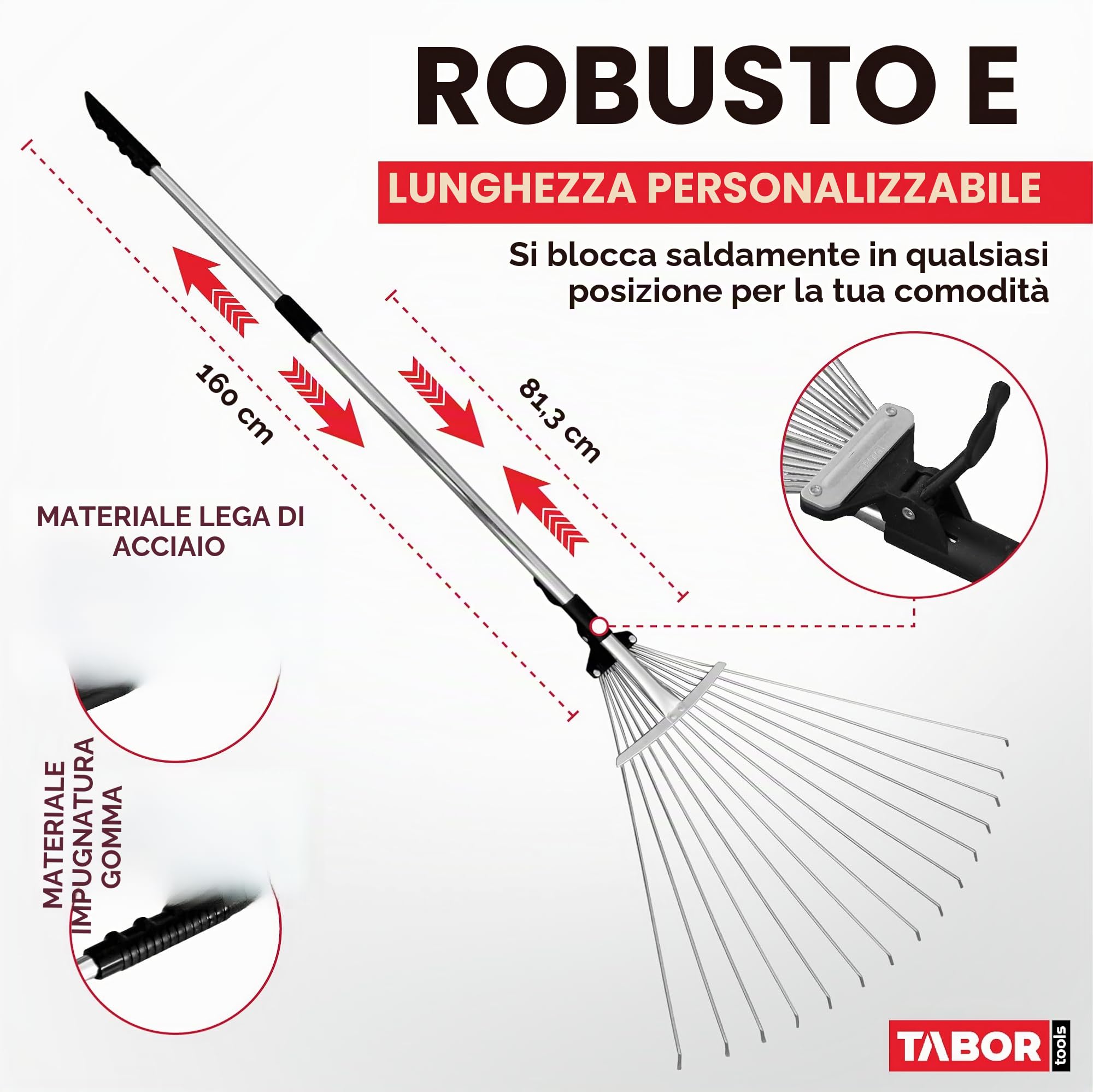 TABOR TOOLS J16E - Rastrello telescopico in metallo, lunghezza 160 cm, rastrello pieghevole regolabile per pulire rapidamente prato e cortile, rastrello per foglie da giardino, manico espandibile con