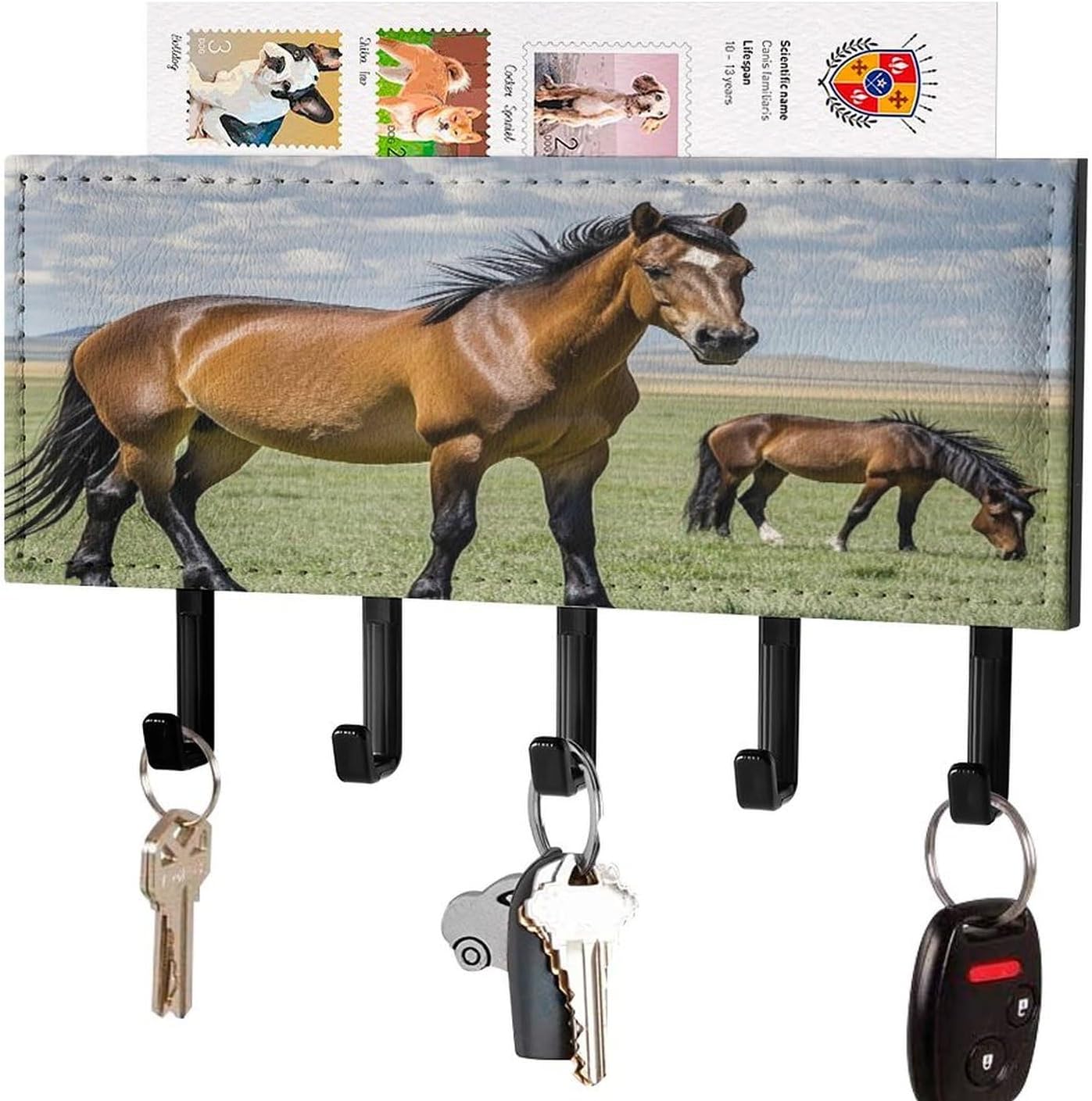 Key Holder Wall Mount Key Hanger with 5 Hooks, Decorative Key Rack | Grazing Wild Horses Hanging Key Hooks with Mail Organizer for Wall Living Room Kitchen Bathroom Hallway