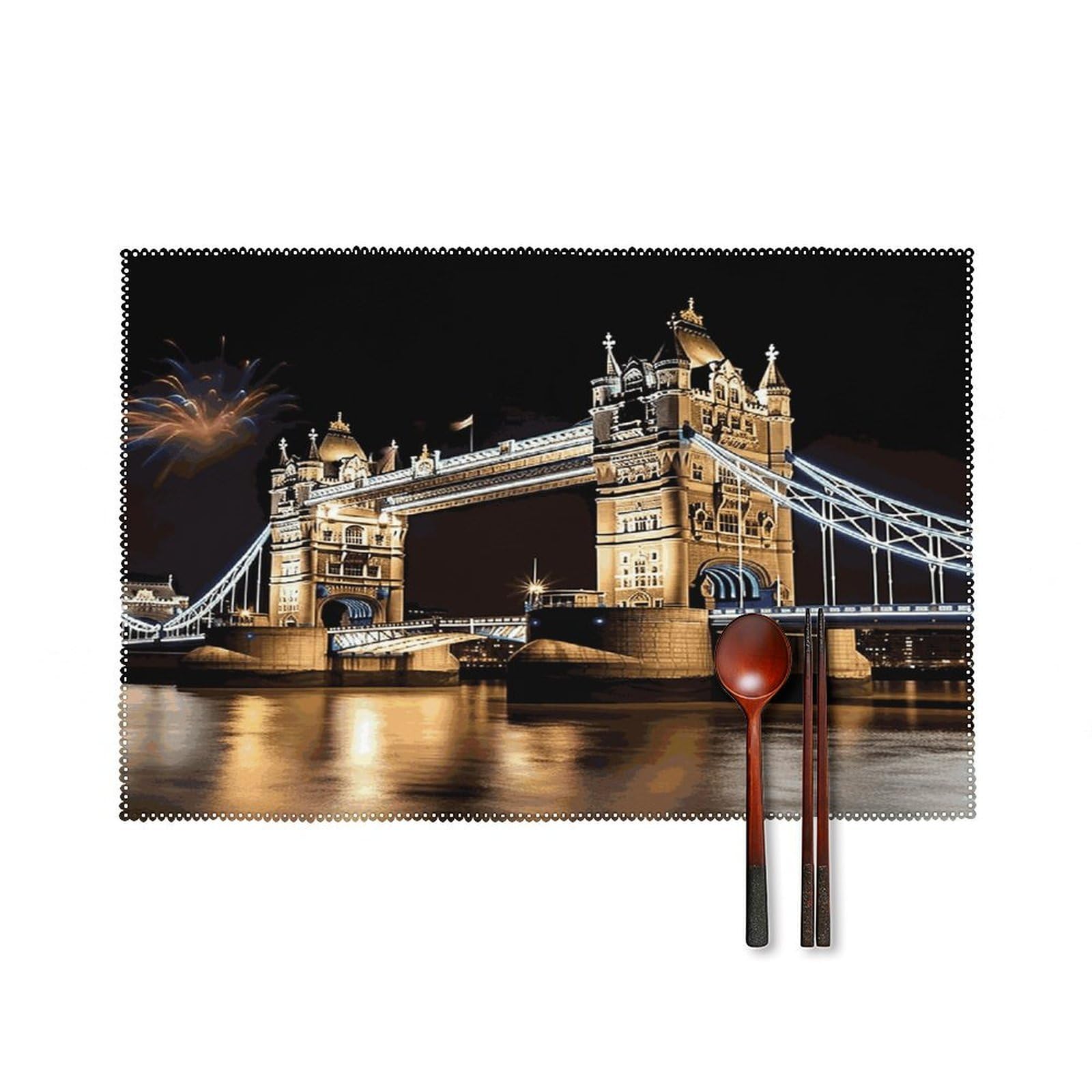 Night London Tower Bridge Placemats Set of 4 Canvas Place Mats Non-Slip Heat Resistant Table Mats Washable Waterproof Placemat Wipeable Tablemats for Kitchen Dining Decor Place Mat
