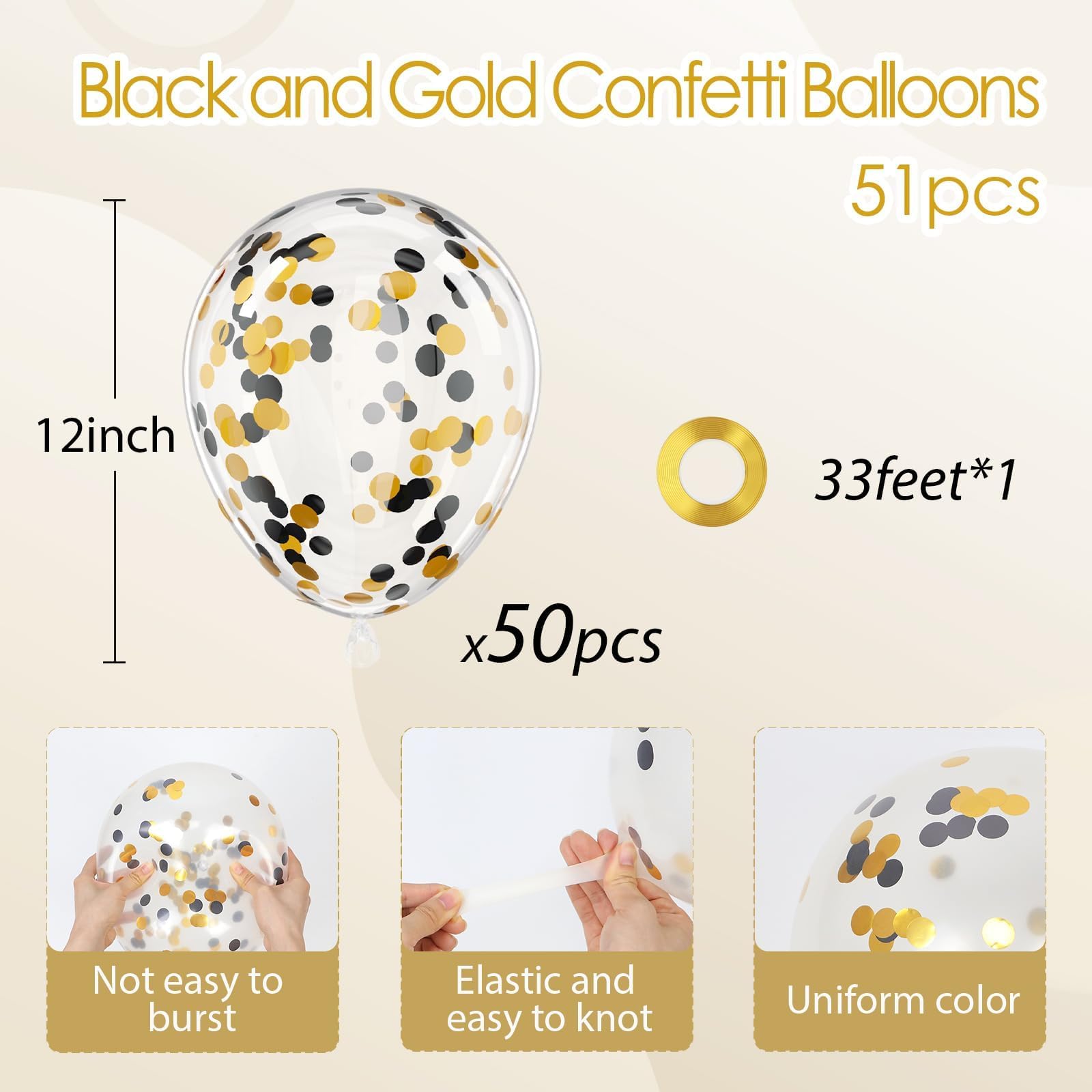 Palloncini coriandoli neri e oro da 30,5 cm, in lattice, 50 pezzi, per matrimoni, lauree, feste di compleanno, decorazioni