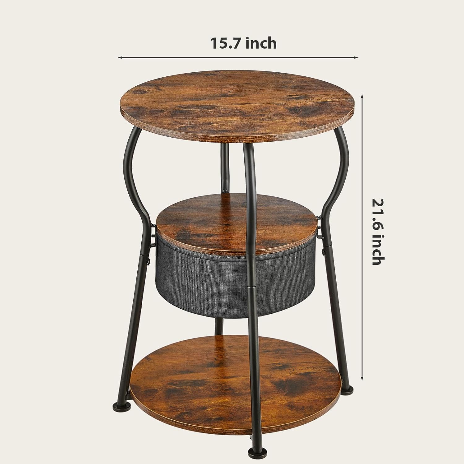 Small Round Side Table with Storage Bag, 3-Tier Accent Round End Table with Storage Shelves for Living Room, 21.6" H Vintage Small Corner Table for Smalls Spaces (D - 15.8 in Rustic Brown)