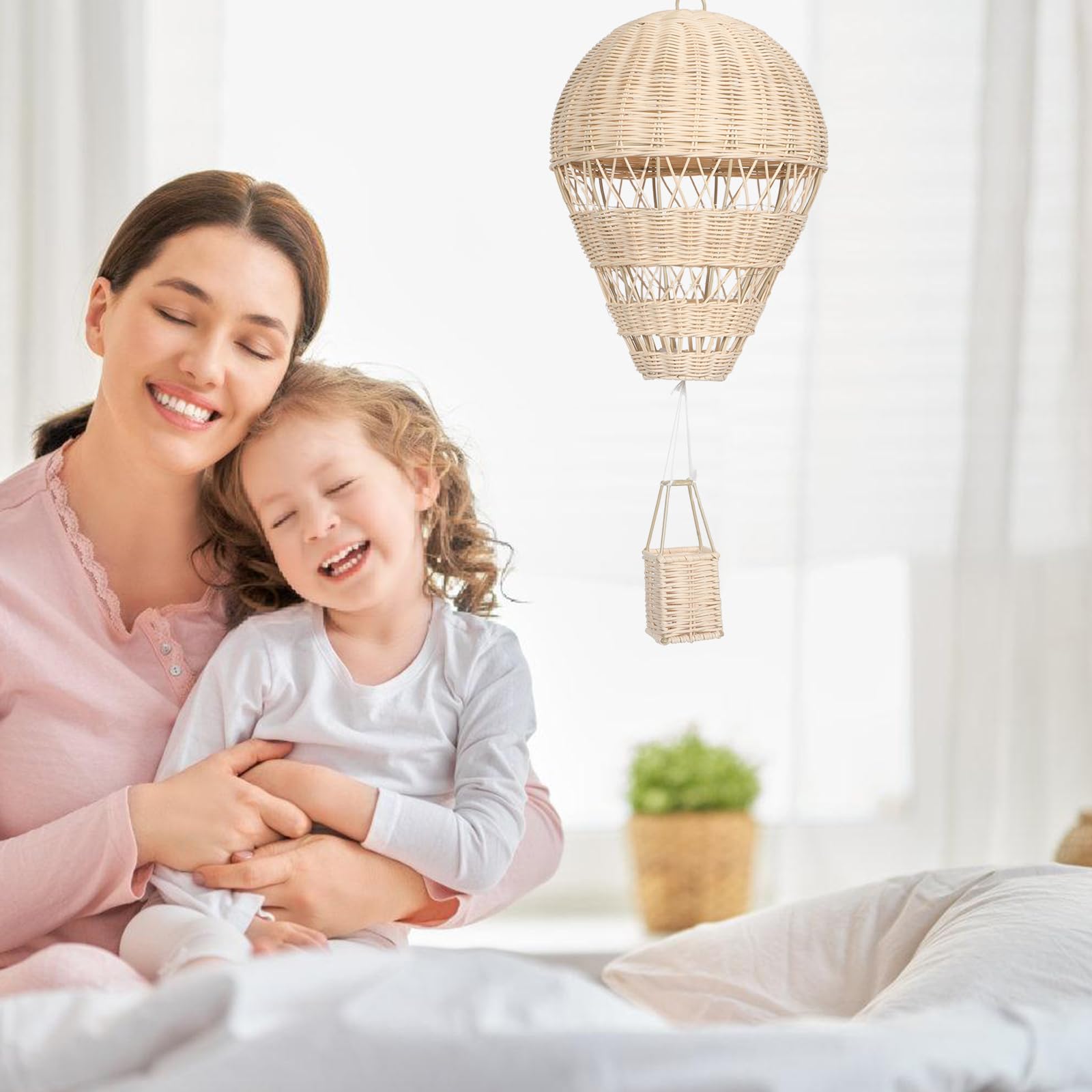 Alipis Heißluftballon Hängende Beleuchtung Handgewebter Rattan mit Lichterkette und Fotorequisite Beige für Kinderzimmer und Babyzimmerdeko
