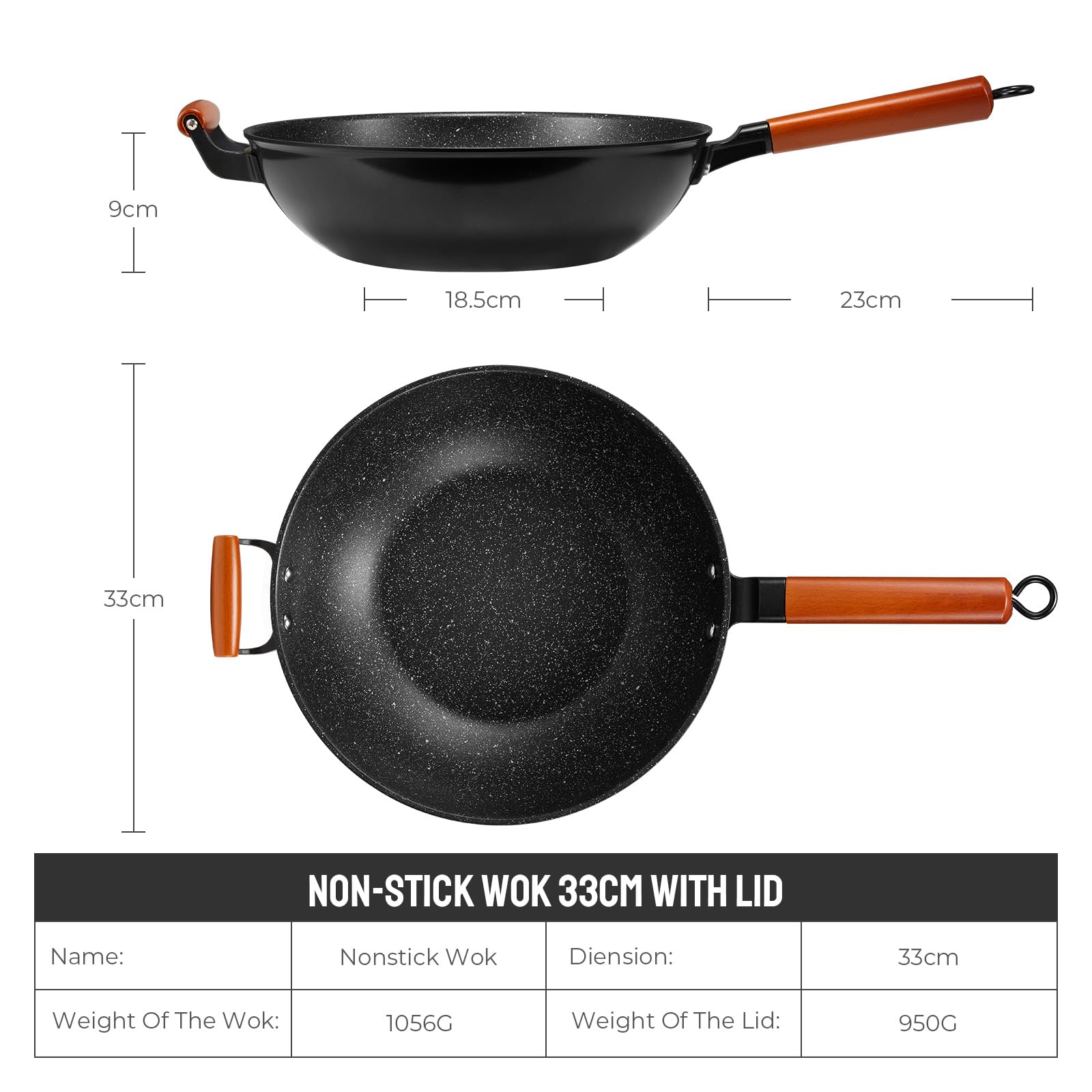 BEZIA Wok antiaderente a induzione, padella wok antiaderente da 32 cm con coperchio, wok con fondo piatto, manico in legno rimovibile, compatibile con tutti i fornelli