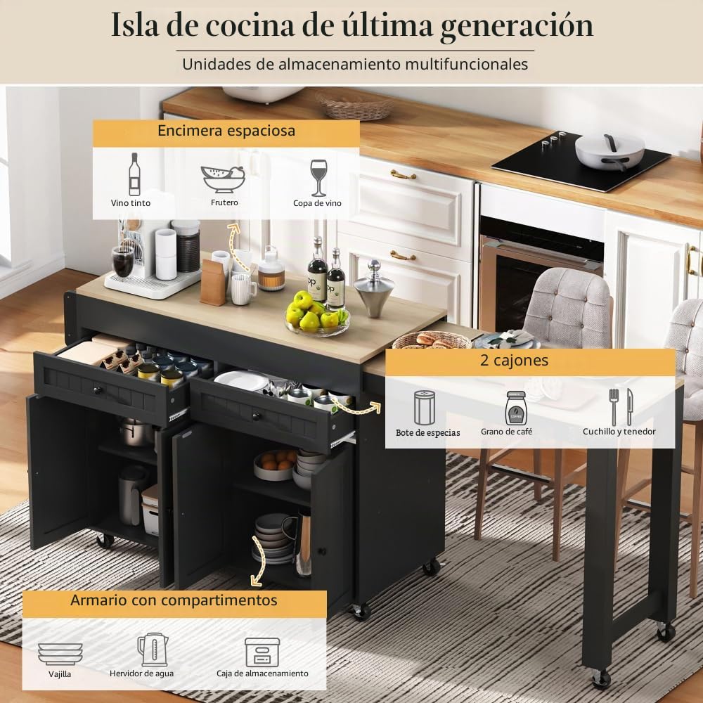 Carrello da cucina mobile espandibile con piano di lavoro nero con cassetti e divisori Mobili versatili per sala da pranzo Design indipendente per una facile mobilità