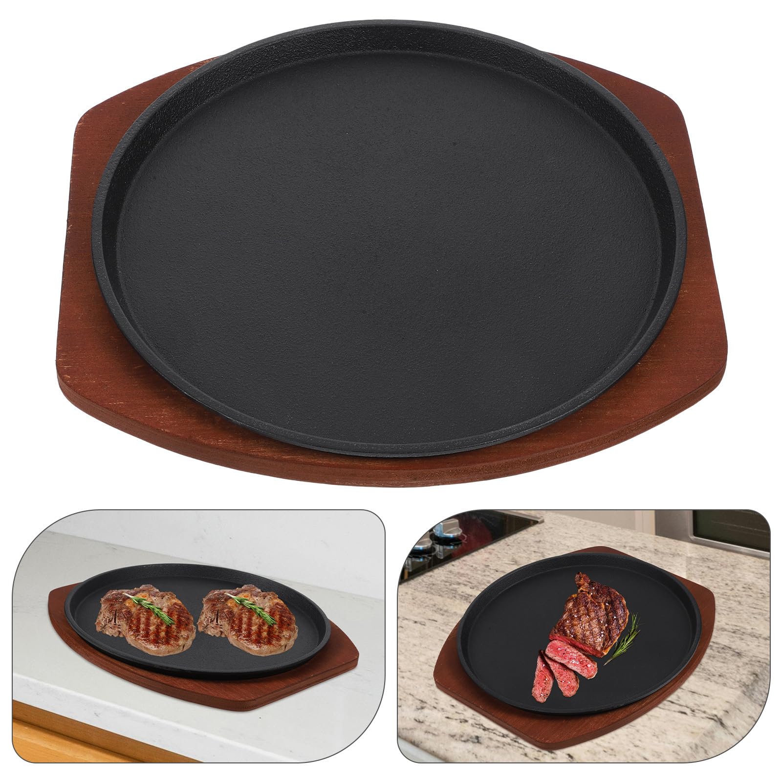 Toyvian Sartén para Bistec de Hierro Fundido de 25 Cm Base de Madera, Bandeja para Servir Caliente, Plancha para Parrilla y Barbacoa, Adecuado para Cocina y Uso en Estufa de Inducción