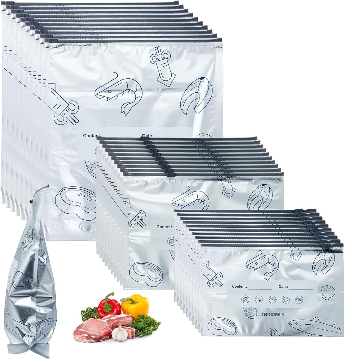 Reusable Aluminum Foil Storage Bags, Sealable Stand-Up Zipper Bags for Food | 40 PCS in 3 sizes (Small, Medium, Large). Ideal for meal prep, kitchen storage, freezer use.