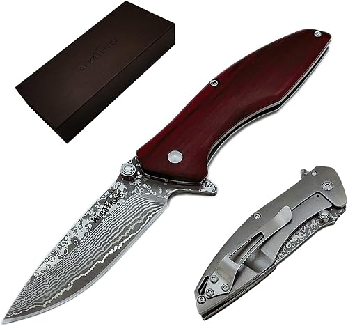 Miniatura 1 de ALBATROSS HGDK021 - Cuchillo de bolsillo de madera de sándalo rojo de 7.25 pulgadas moderno de acero de Damasco con cerradura de marco de cuchillo