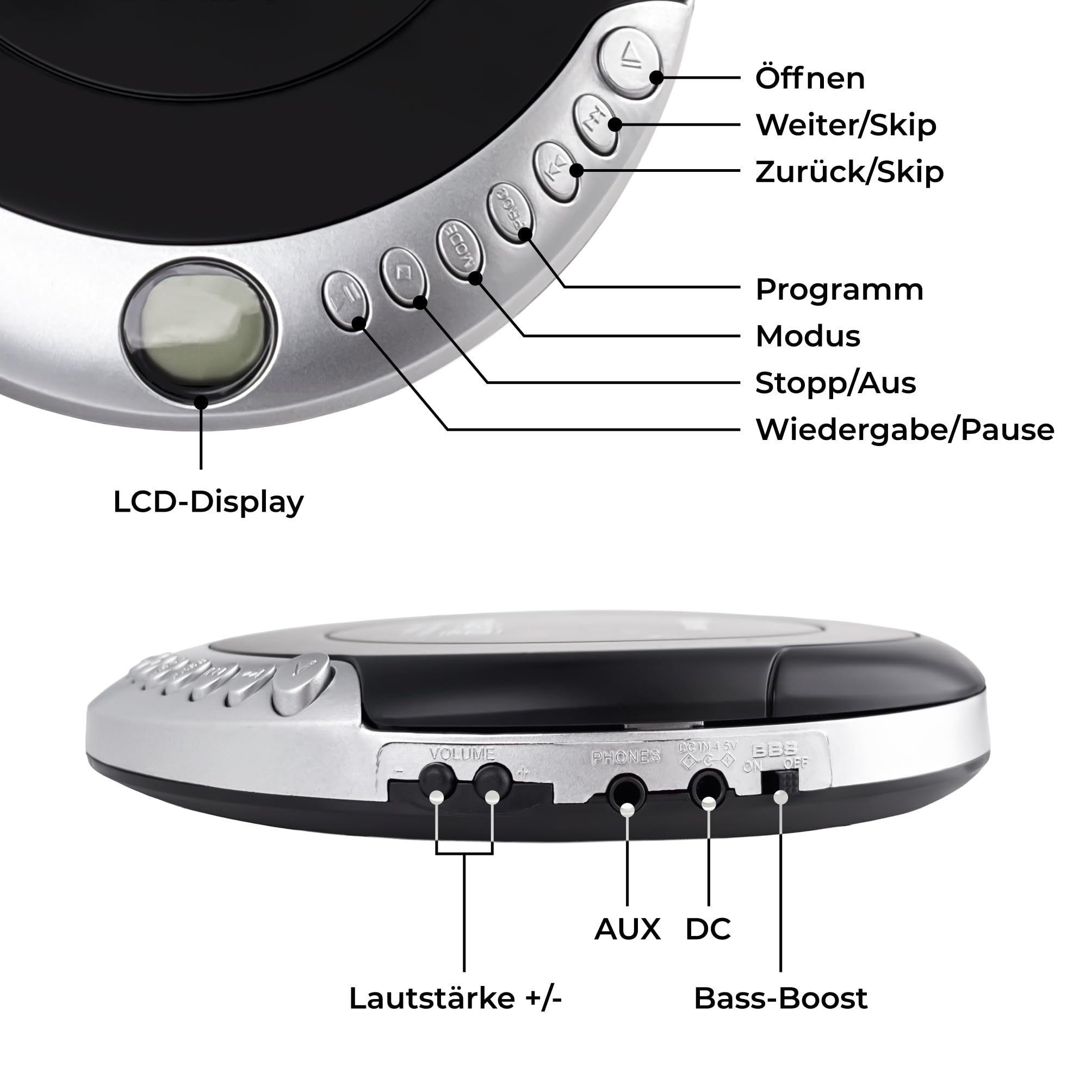 Denver Tragbarer CD-Player DMP-391 - Walkman - Anti-Schock-Funktion Mit Bassverstärkungssystem - mit Kopfhörer