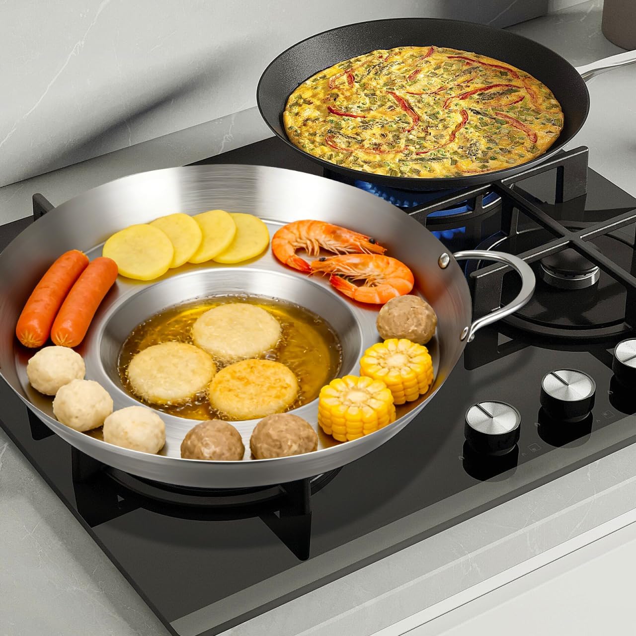 Cabilock Stainless Steel Comal Frying Bowl with Double Handle, Rounded Flat Bottom Paella Pan, Home Wok Pot Non-stick Cooking Pan Kitchen Cookware for Stoves